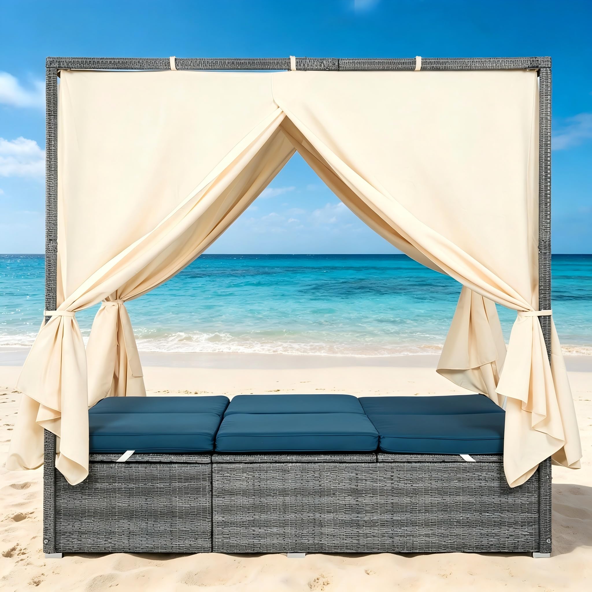 KEVINSPACE Outdoor Daybed with Retractable Canopy Patio RoundDaybed Wicker Rattan OutdoorSectional Bed Lounger, Washable Cushions Furniture for Lawn Backyard Pool Porch Beige