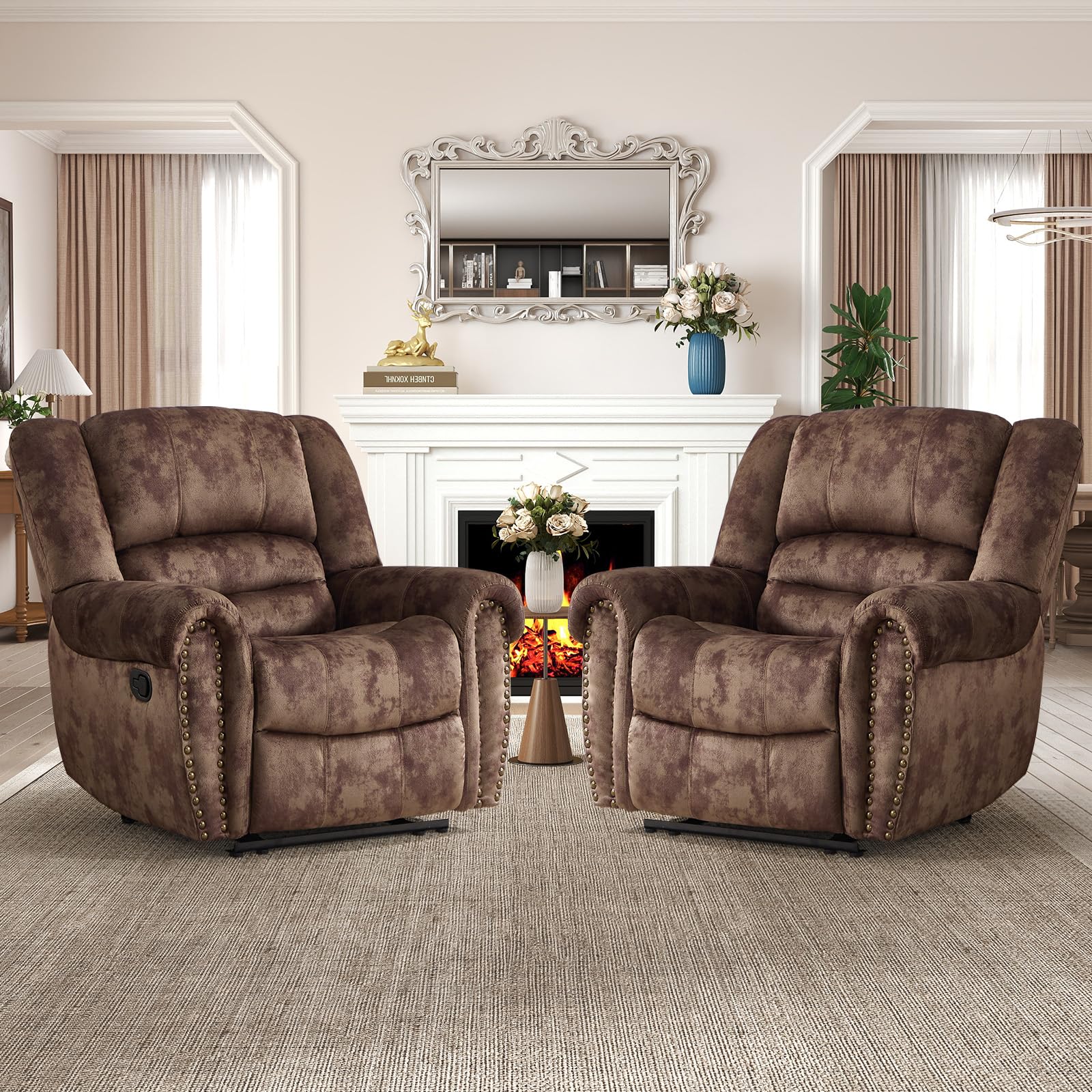 CANMOV Leather Recliner Chair, Classic and Traditional Manual Recliner Chair with Comfortable Arms and Back Single Sofa for Living Room, Nut Brown