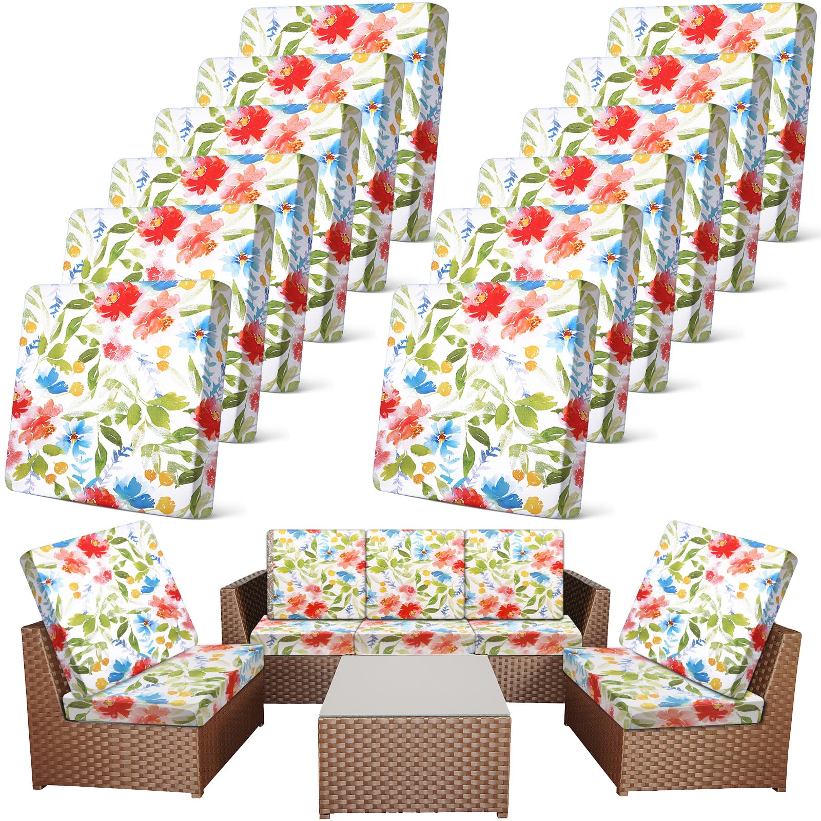 Newwiee 12 Pcs Patio Cushion Covers Outdoor Stretch Sofa Couch Cover Replacement Couch Slipcover Sofa Seat Chair Porch Patio Furniture Protector, Flexibility Washable(Colorful,Palm Leaf)