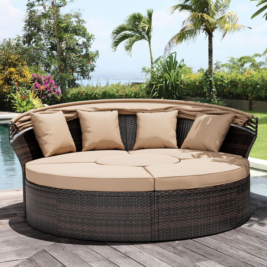 Outdoor Furniture Patio Round Daybed with Retractable Canopy, Black Wicker Clamshell Sectional Seating with Cushions for Patio, Backyard, or Porch, Pool Round Bed (Brown)