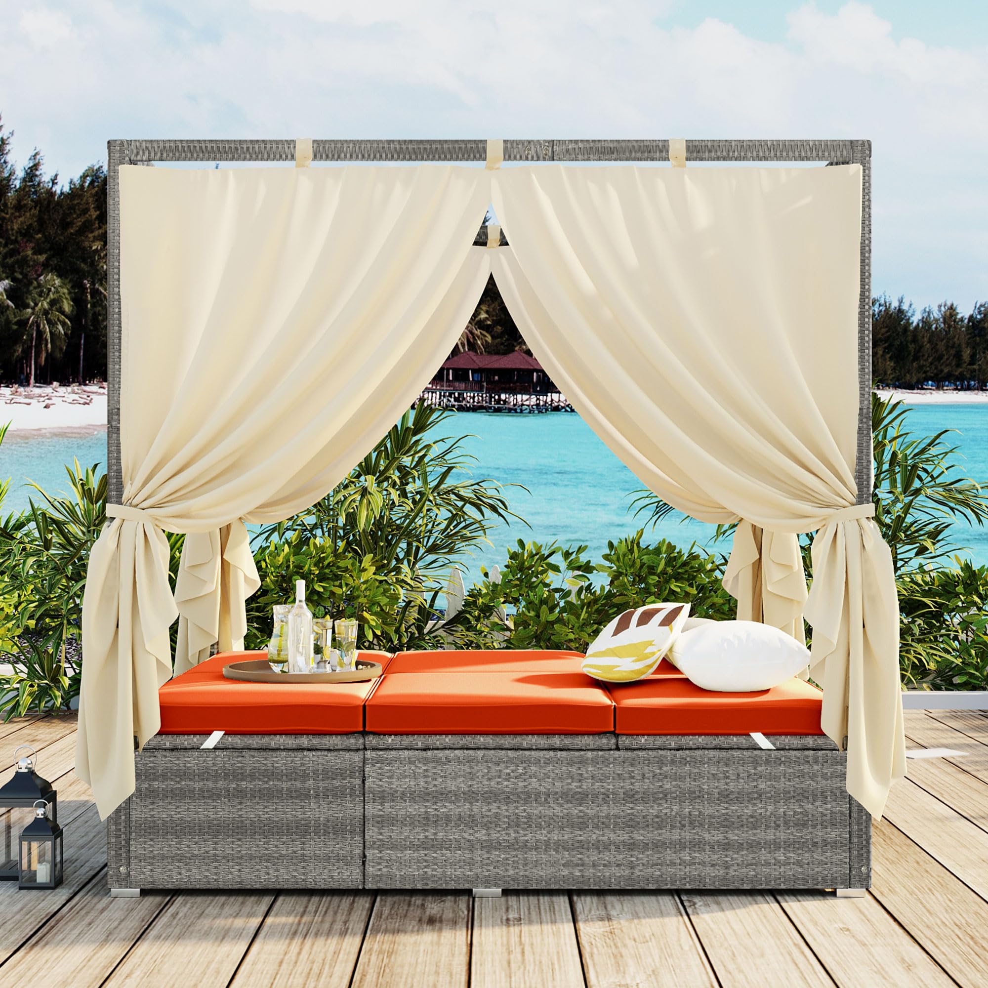 Patio Chaise Lounge, PE Rattan Outdoor Patio Wicker Sunbed Daybed with Adjustable Seats, Four-sided Canopy, Overhead Curtain and Beige Cushions for Backyard, Garden, Poolside (for 2-6 people)