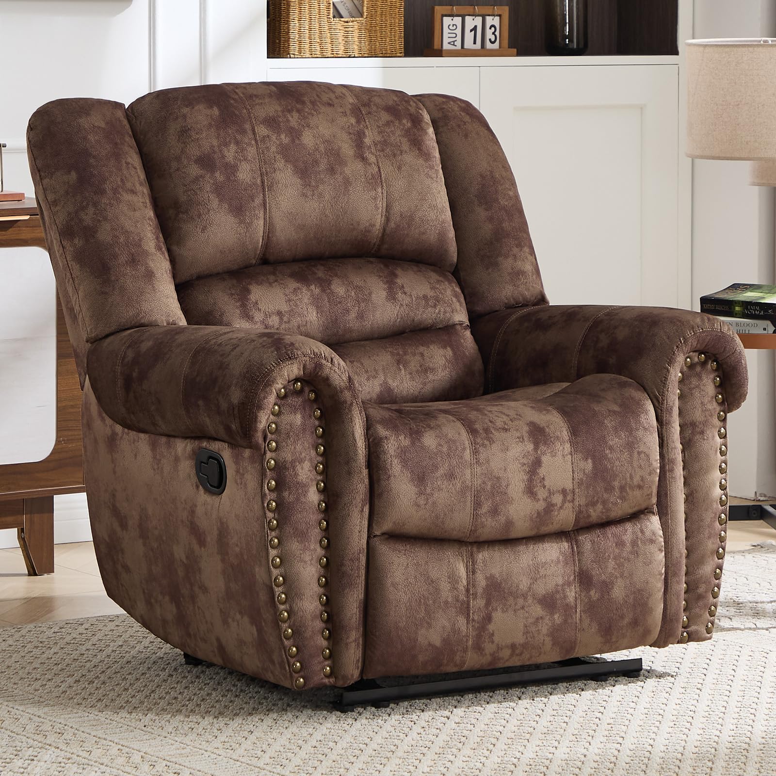 CANMOV Leather Recliner Chair, Classic and Traditional Manual Recliner Chair with Comfortable Arms and Back Single Sofa for Living Room, Nut Brown