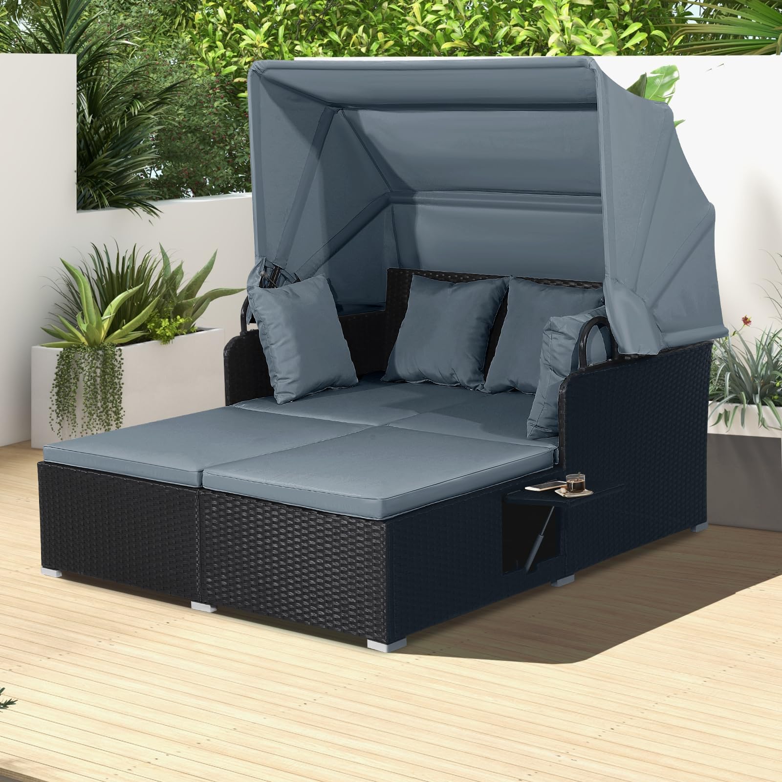COSTWAY Outdoor Daybed with Retractable Canopy, Wicker Patio Furniture Set with Cushioned Pillows, Patio Rattan Daybed for Deck, Backyard, Poolside (Turquoise)
