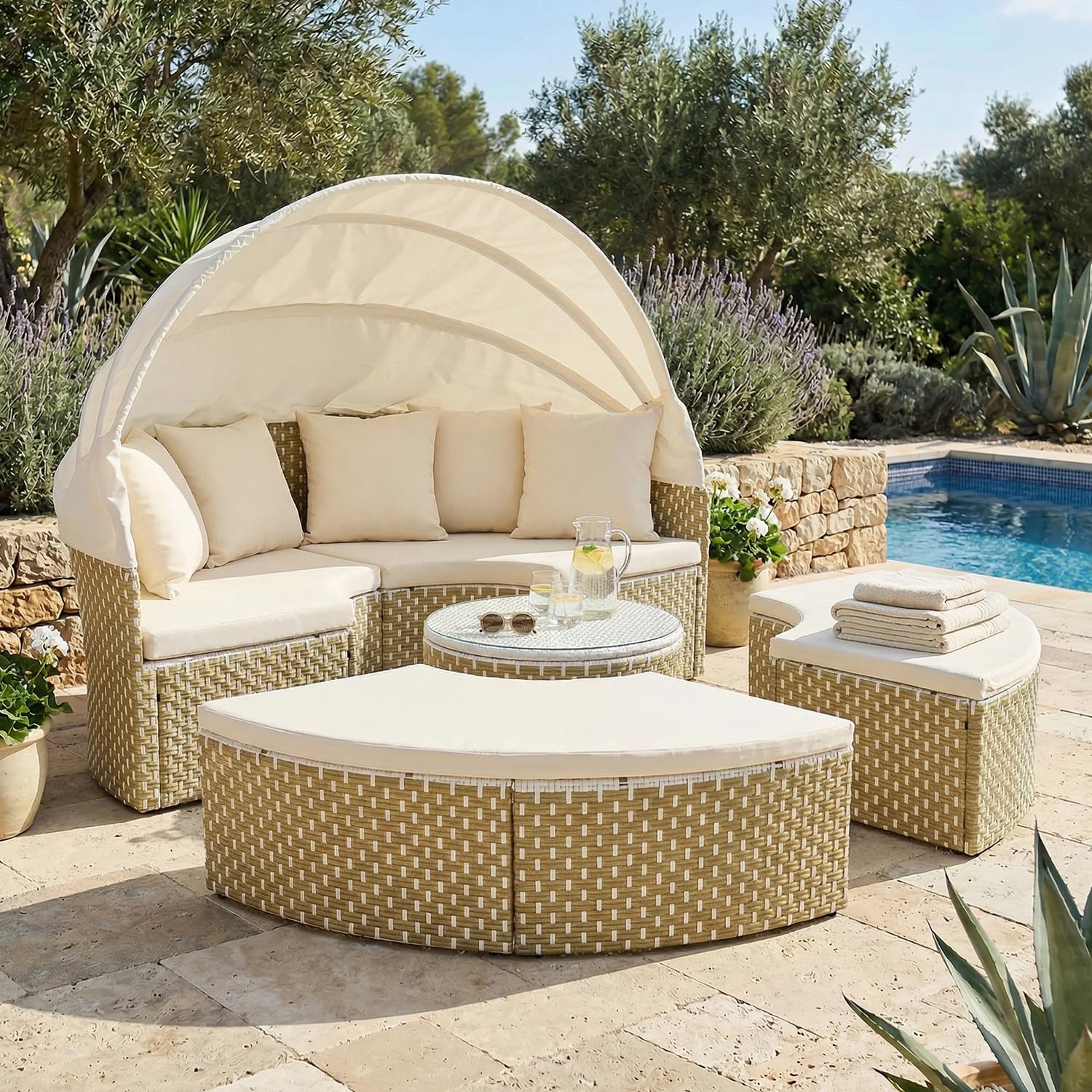 SoarFlash Outdoor Patio Canopy Bed, Round Daybed with Washable Cushions, Clamshell Sectional Seating Wicker Furniture with Retractable Canopy for Lawn Garden Backyard Porch Pool (Beige)