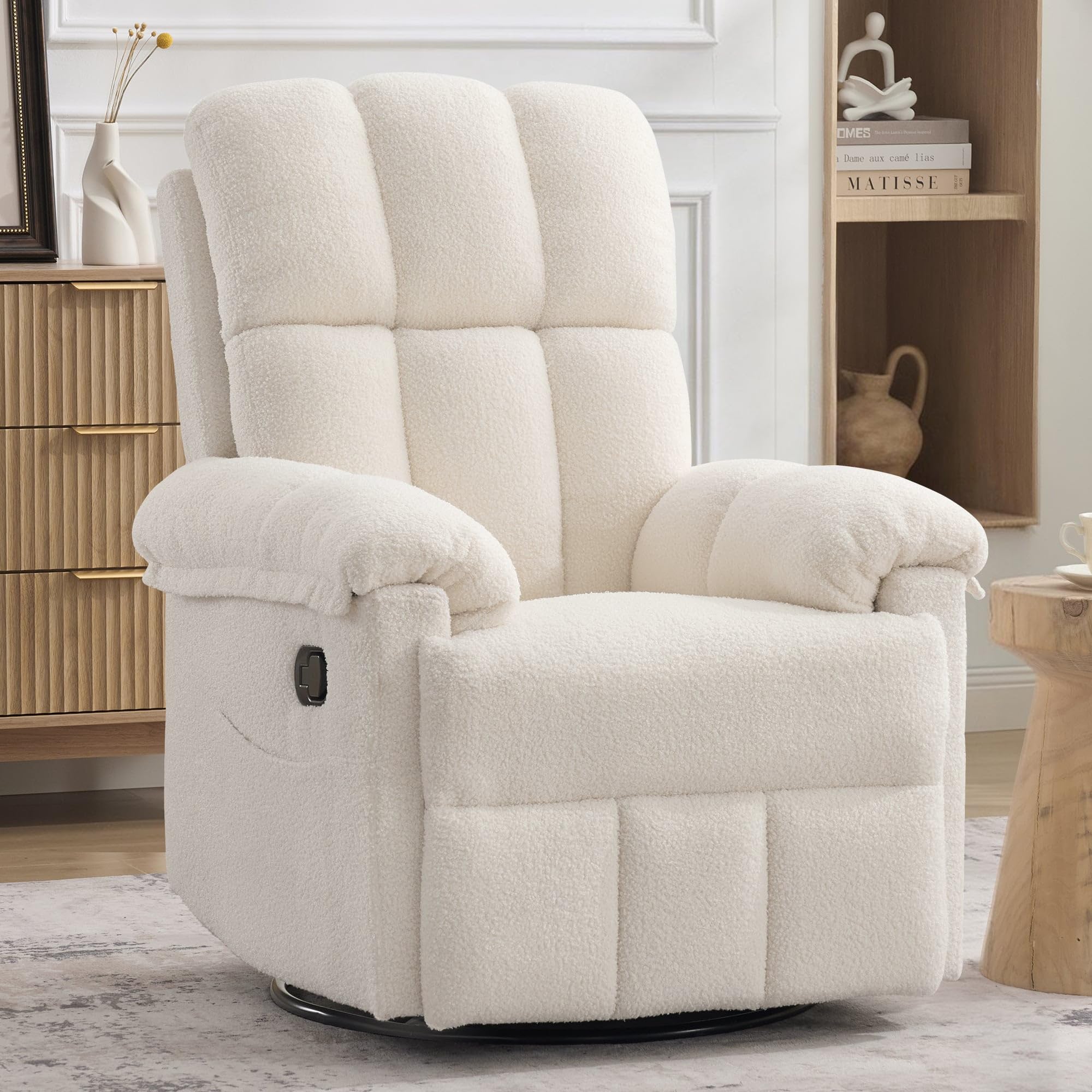 Korser Recliner Chair, Swivel Rocker Recliner Chair for Adults, Small Recliners for Small Spaces, Upholstered Manual Recliner with Side Pockets, Nursery Rocking Chair for Living Room, Chenille, Beige