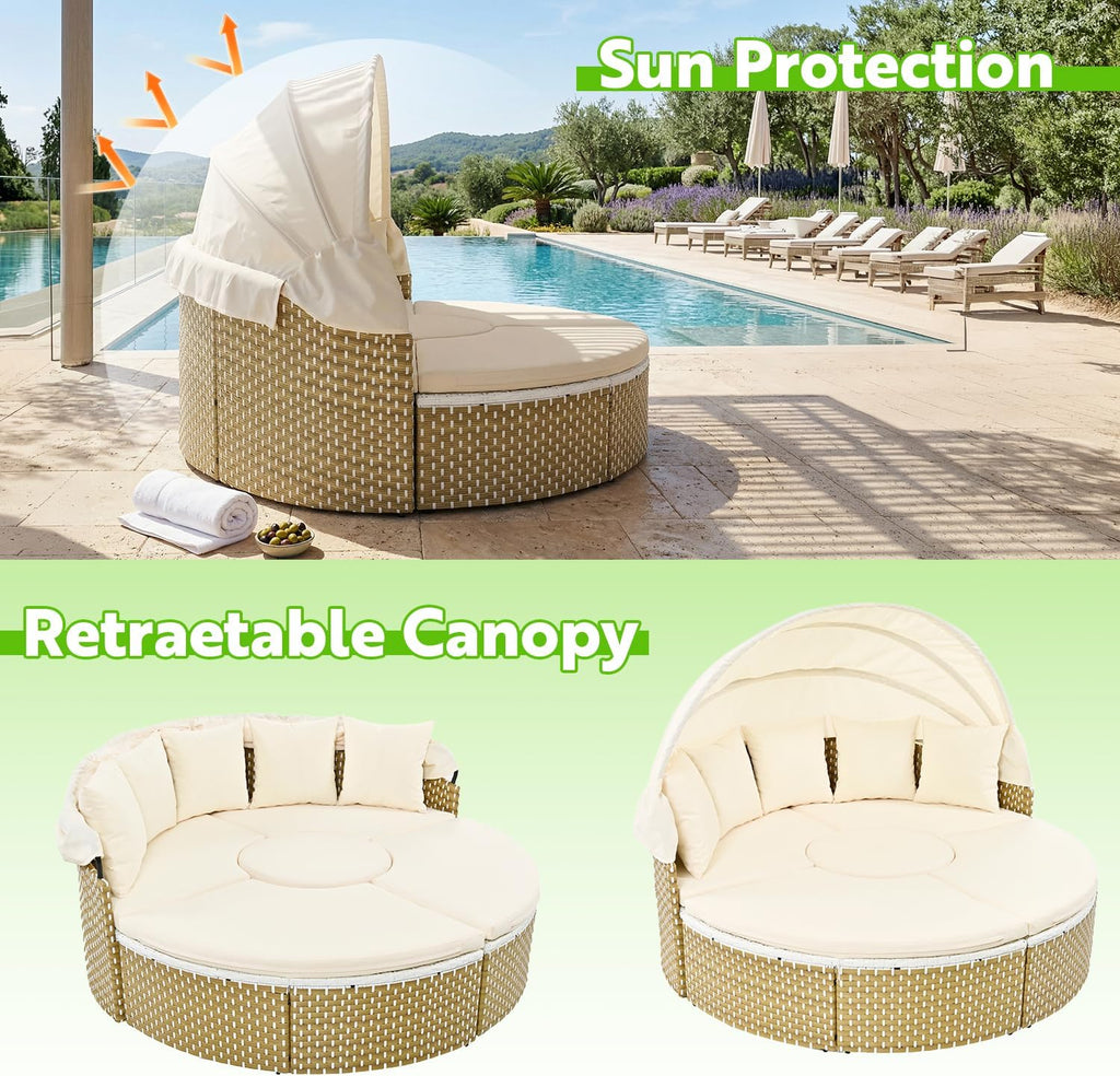 SoarFlash Outdoor Patio Canopy Bed, Round Daybed with Washable Cushions, Clamshell Sectional Seating Wicker Furniture with Retractable Canopy for Lawn Garden Backyard Porch Pool (Beige)