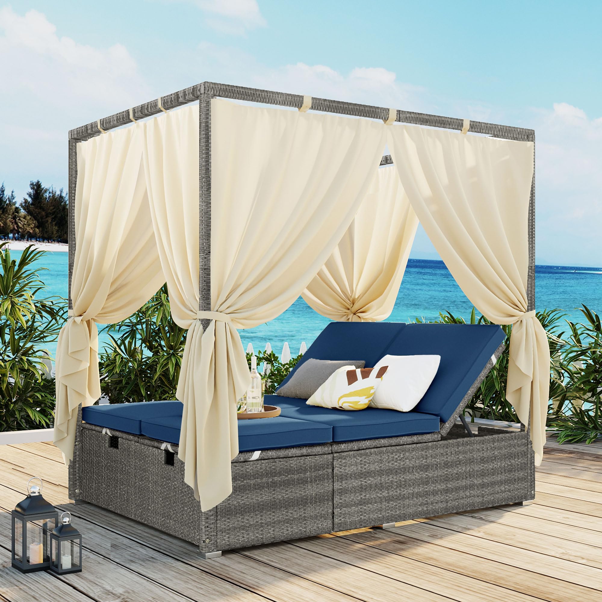 Patio Chaise Lounge, PE Rattan Outdoor Patio Wicker Sunbed Daybed with Adjustable Seats, Four-sided Canopy, Overhead Curtain and Beige Cushions for Backyard, Garden, Poolside (for 2-6 people)