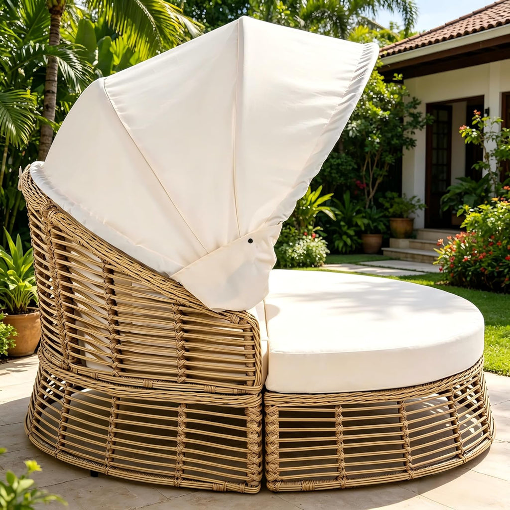 KEVINSPACE Outdoor Daybed with Retractable Canopy Patio RoundDaybed Wicker Rattan OutdoorSectional Bed Lounger, Washable Cushions Furniture for Lawn Backyard Pool Porch Beige