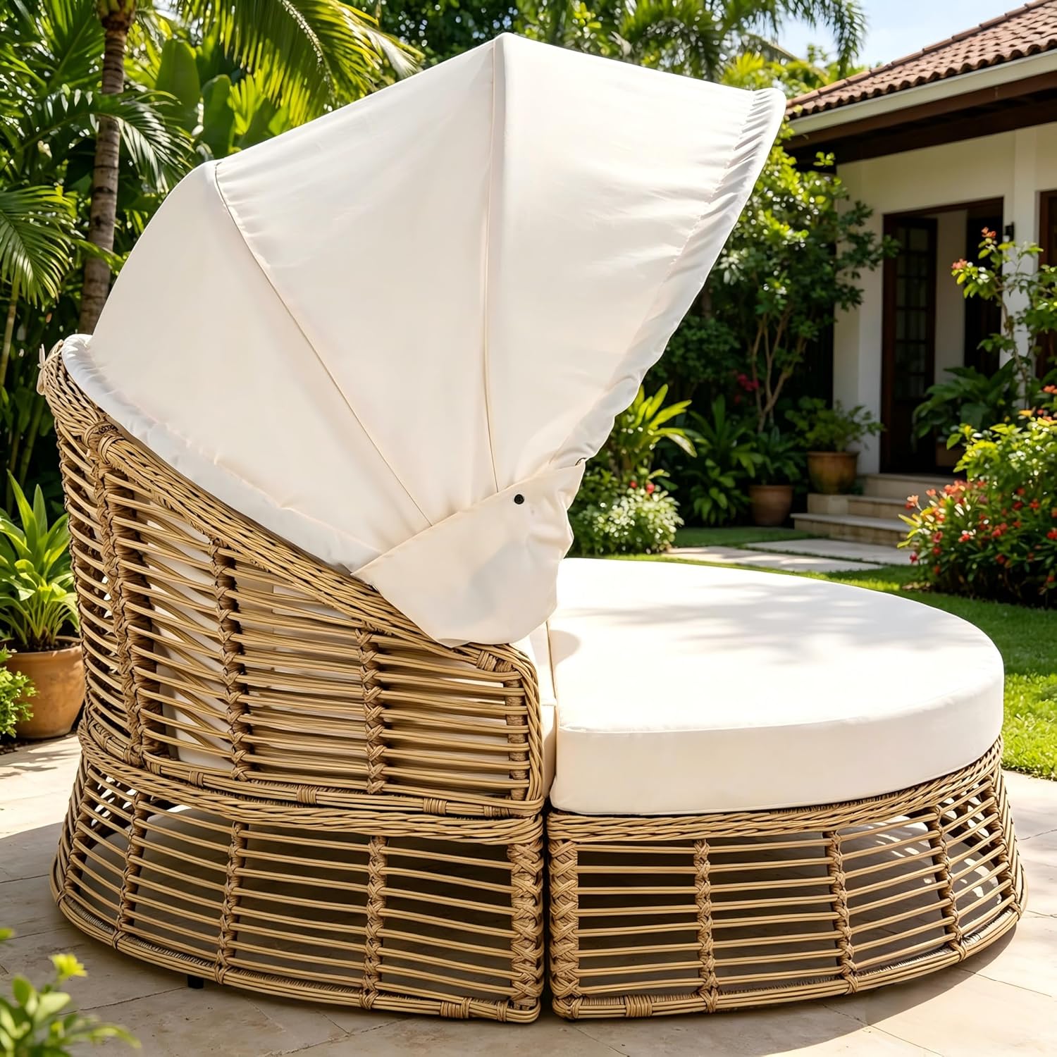 KEVINSPACE Outdoor Daybed with Retractable Canopy Patio RoundDaybed Wicker Rattan OutdoorSectional Bed Lounger, Washable Cushions Furniture for Lawn Backyard Pool Porch Beige