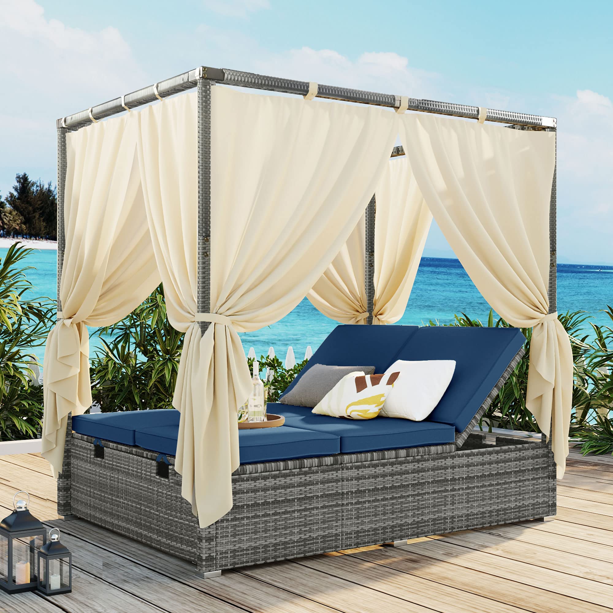 Patio Chaise Lounge, PE Rattan Outdoor Patio Wicker Sunbed Daybed with Adjustable Seats, Four-sided Canopy, Overhead Curtain and Beige Cushions for Backyard, Garden, Poolside (for 2-6 people)