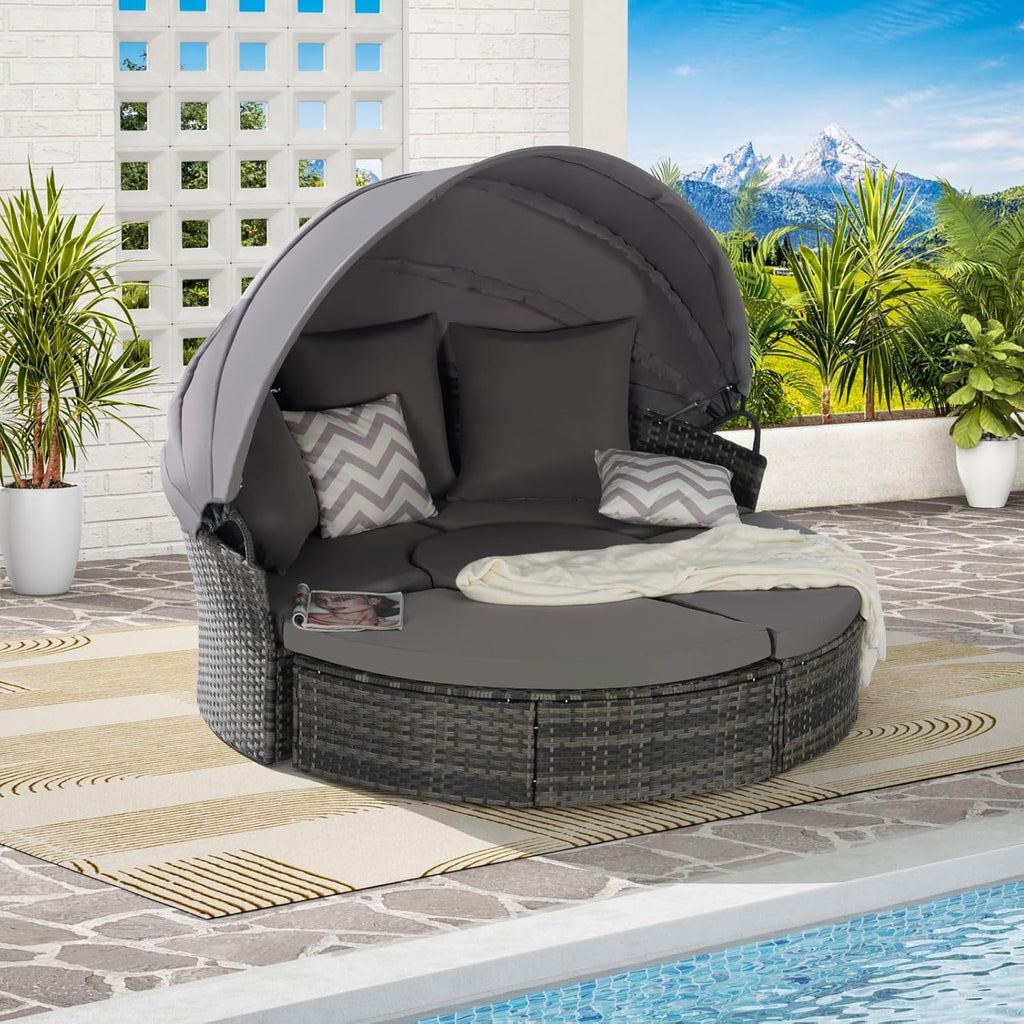 Patio Furniture Outdoor Round Daybed Bed Daybeds with Retractable Canopy, Storable Table, 3 Pillows PatioBed Sun Porch Wicker Rattan Separated Seating Sectional Sofa for Garden Poolside Dark Gray
