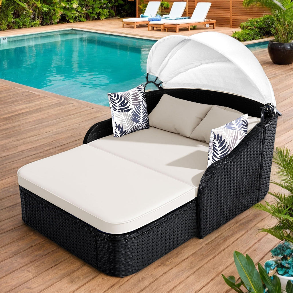 Anwick Outdoor Daybed with Adjustable Canopy, Double Chaise Lounge, PE Wicker Rattan Sunbed with Cushions & Pillows, Patio Loveseat for Backyard Balcony Poolside (Beige+Black)