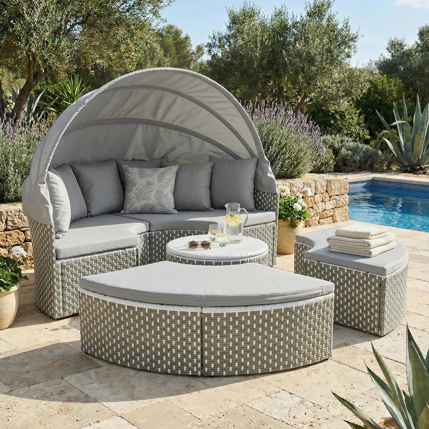 SoarFlash Outdoor Patio Canopy Bed, Round Daybed with Washable Cushions, Clamshell Sectional Seating Wicker Furniture with Retractable Canopy for Lawn Garden Backyard Porch Pool (Beige)