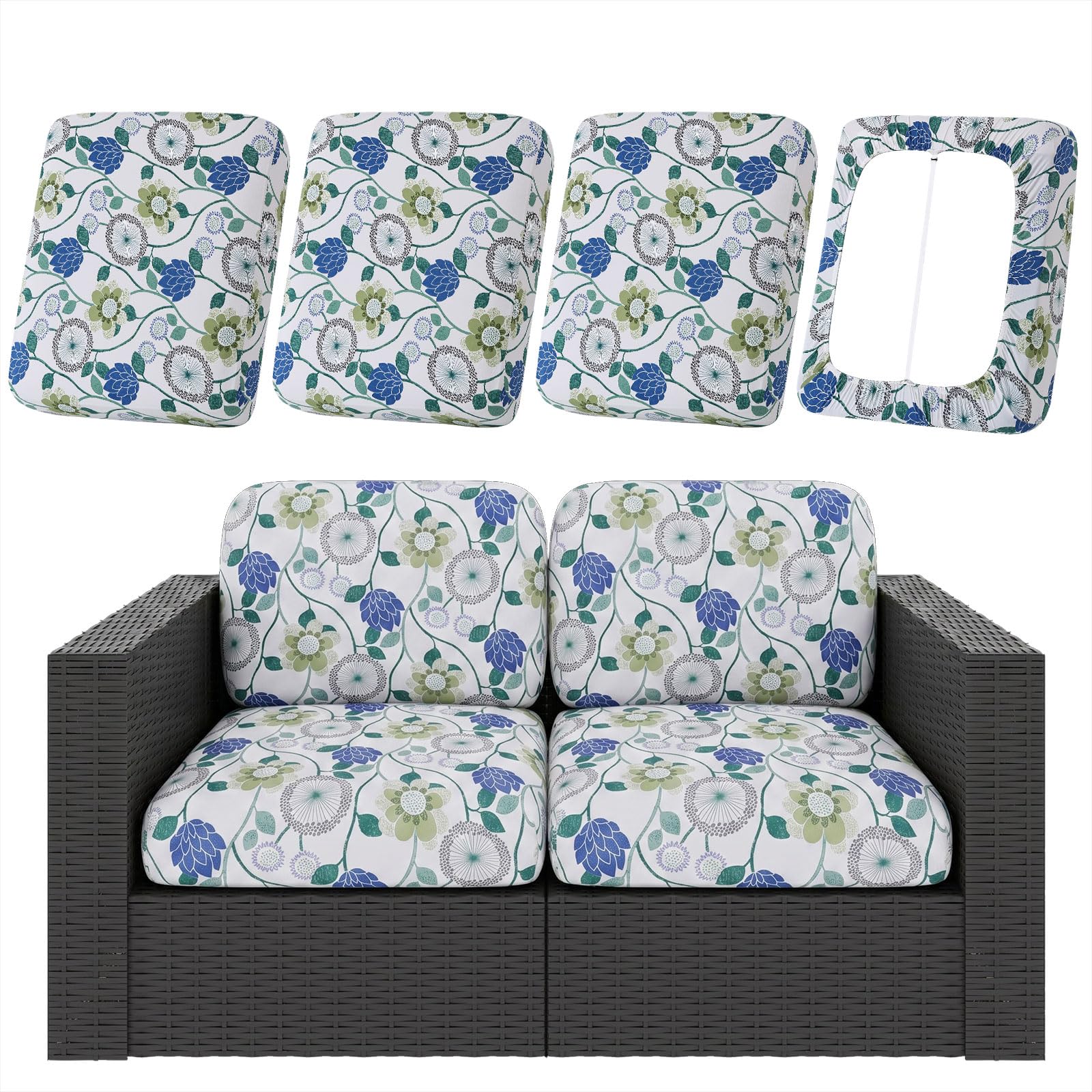 hyha 8Pcs Patio Cushion Covers, Stretch Outdoor Couch Cushion Covers Replacement, Washable Outdoor Chair/Sofa Slipcovers for Patio Furniture Cushions Protector with Elastic Bottom(Floral,Cover Only)
