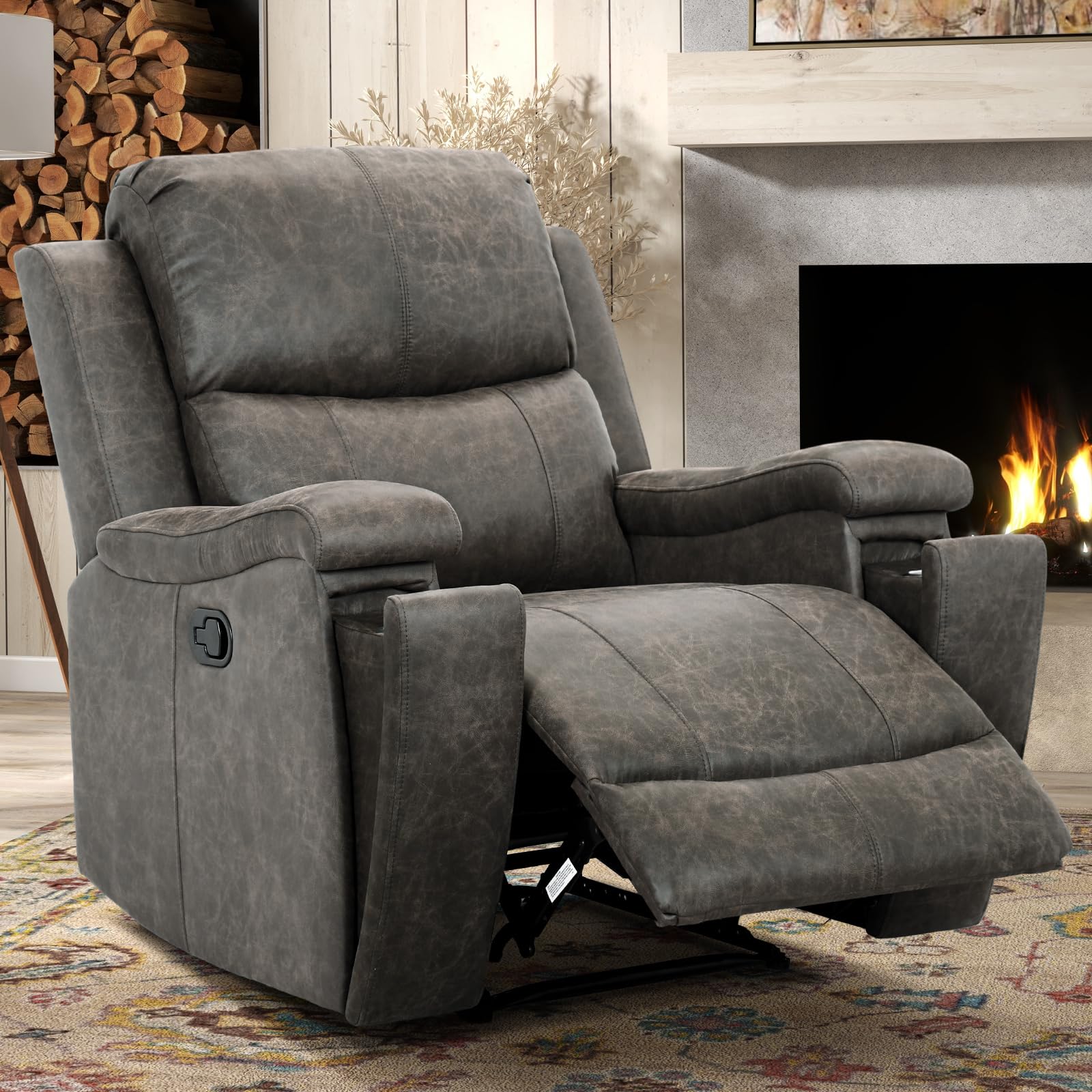 CANMOV Leather Recliner Chair, Classic and Traditional Manual Recliner Chair with Overstuffed Arms and Back, Manual Single Sofa with Concealed Cup Holders,Nut Brown