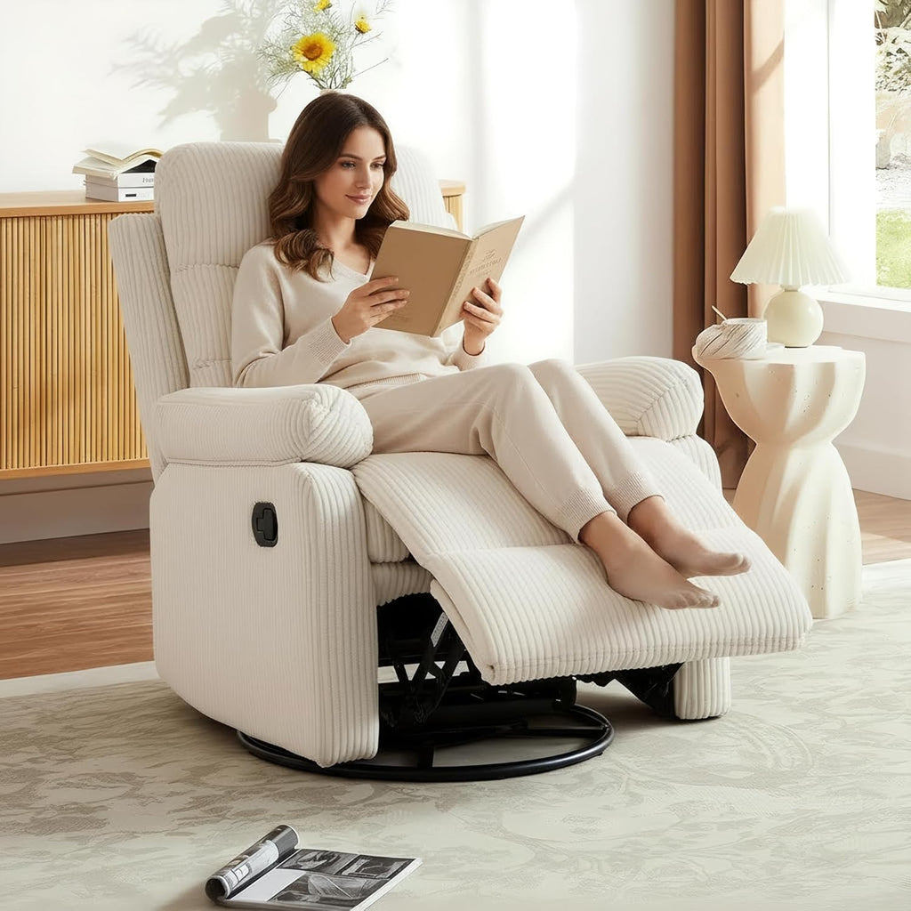 Rocking Recliner Chair,Modern Swivel Glider Recliner Chair,Corduroy Fabric Upholstery Recliner,Manual Reclining Sofa Chair for Living Room,Office,Apartment (Beige)