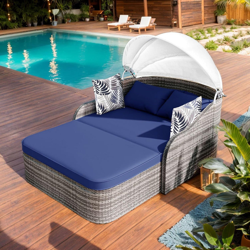 Anwick Outdoor Daybed with Adjustable Canopy, Double Chaise Lounge, PE Wicker Rattan Sunbed with Cushions & Pillows, Patio Loveseat for Backyard Balcony Poolside (Beige+Black)