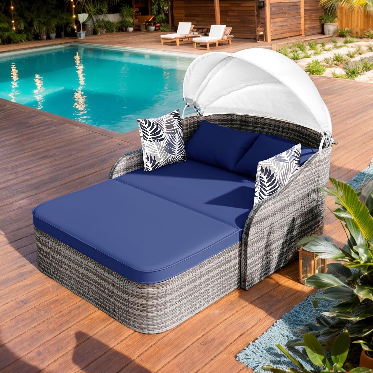 Anwick Outdoor Daybed with Adjustable Canopy, Double Chaise Lounge, PE Wicker Rattan Sunbed with Cushions & Pillows, Patio Loveseat for Backyard Balcony Poolside (Beige+Black)
