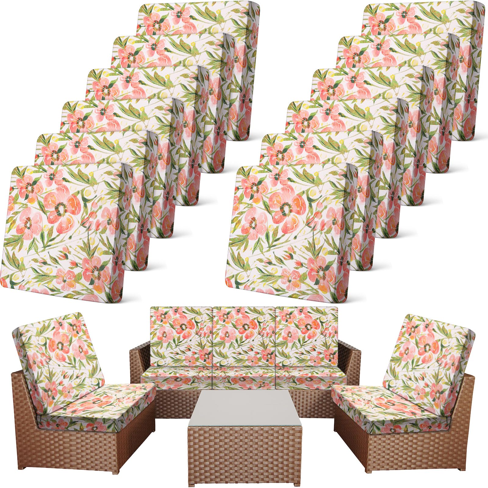 Newwiee 12 Pcs Patio Cushion Covers Outdoor Stretch Sofa Couch Cover Replacement Couch Slipcover Sofa Seat Chair Porch Patio Furniture Protector, Flexibility Washable(Colorful,Palm Leaf)