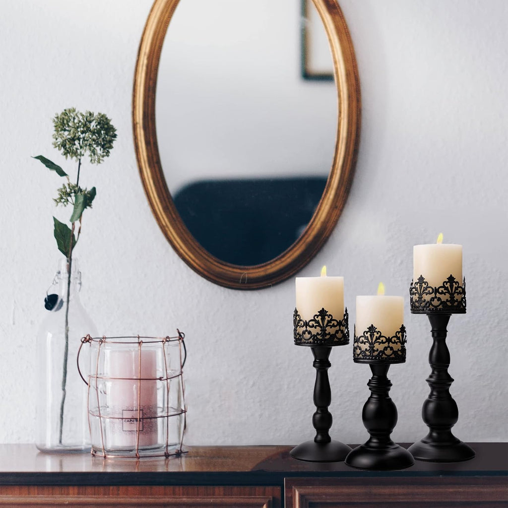 BANOMII Vintage Pillar Candle Holders for Table Centerpiece Set of 3-11'' 9'' 8'' - Matte Black Metal Candle Stands Decorative - Candle Centerpiece for Table Fireplace Decor - Gothic Candle Holder