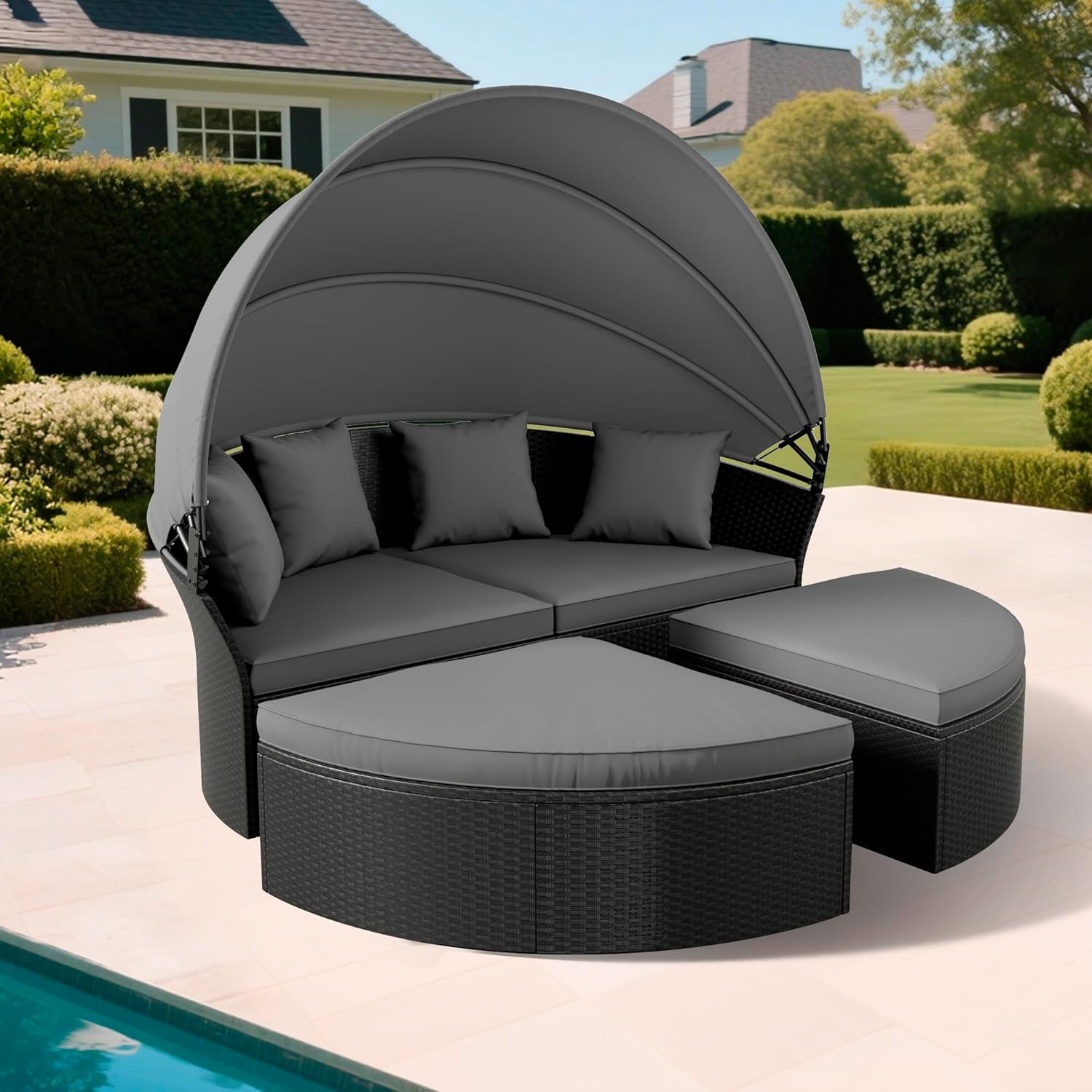 SUNCROWN Outdoor Patio Round Daybed with Retractable Canopy, Wicker Furniture Clamshell Sectional Seating with Washable Cushions, Backyard,Porch,Poolside,Deck, Black