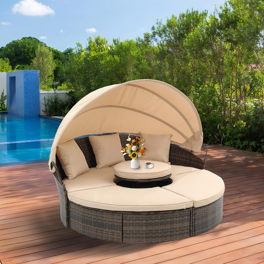 SoarFlash Outdoor Patio Canopy Bed, Round Daybed with Washable Cushions, Clamshell Sectional Seating Wicker Furniture with Retractable Canopy for Lawn Garden Backyard Porch Pool (Beige)