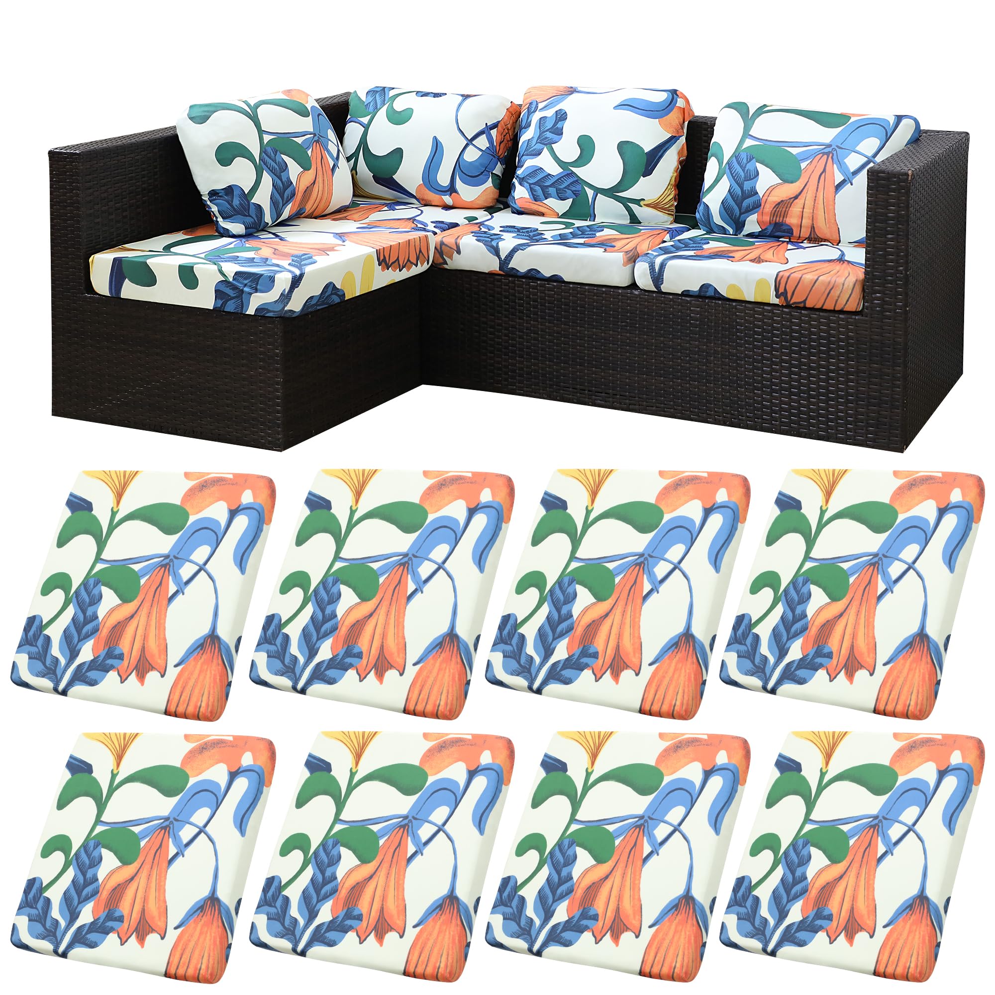 BIETYONE 8Pcs Stretch Patio Cushion Covers,Outdoor Couch Covers Replacement,Outdoor Couch & Sofa Slipcovers,for Patio Furniture Cushion Covers,Washable Reusable Furniture Protector (Vivid, Cover Only)