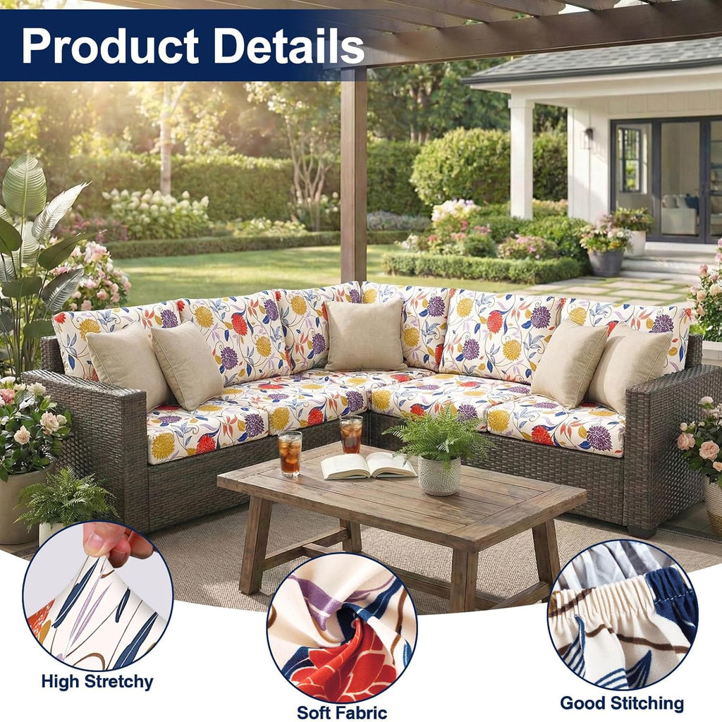 Smiry Waterproof Patio Cushion Covers, Stretch Outdoor Couch Slipcovers Replacement Washable Furniture Protector Sofa Chair Seat Cover for Dogs and Pets (8 Pcs, Orange)