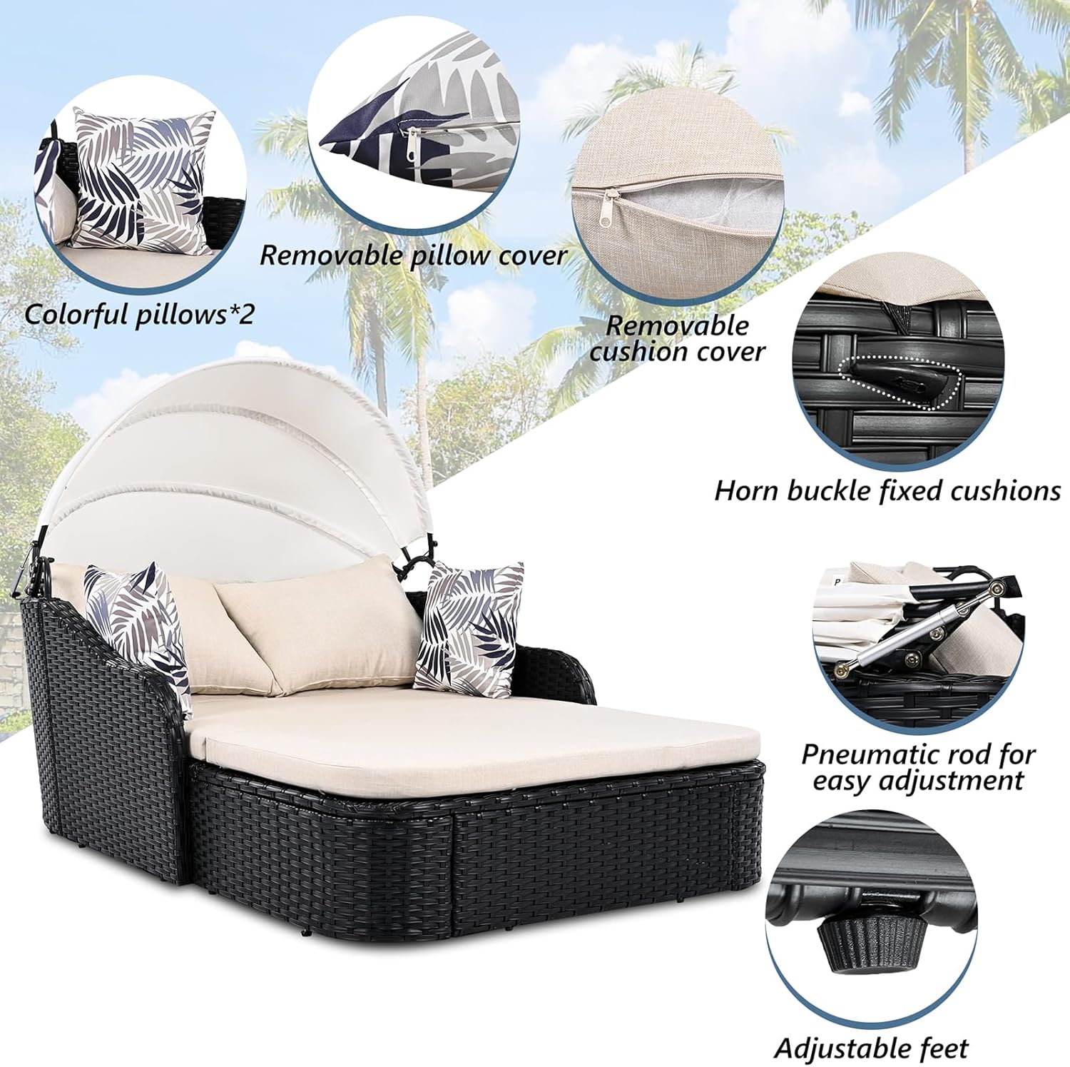 2-Person Wicker Chaise Lounge with Canopy & Pillows, Beige&Black, Outdoor Patio Sunbed
