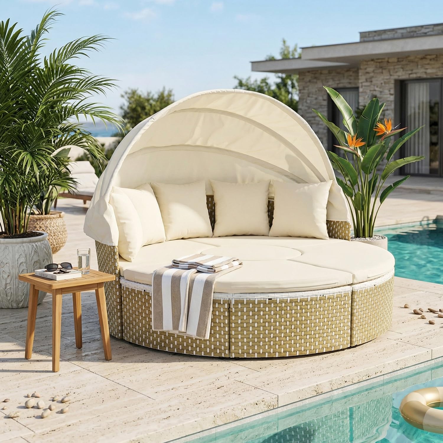 SoarFlash Outdoor Patio Canopy Bed, Round Daybed with Washable Cushions, Clamshell Sectional Seating Wicker Furniture with Retractable Canopy for Lawn Garden Backyard Porch Pool (Beige)