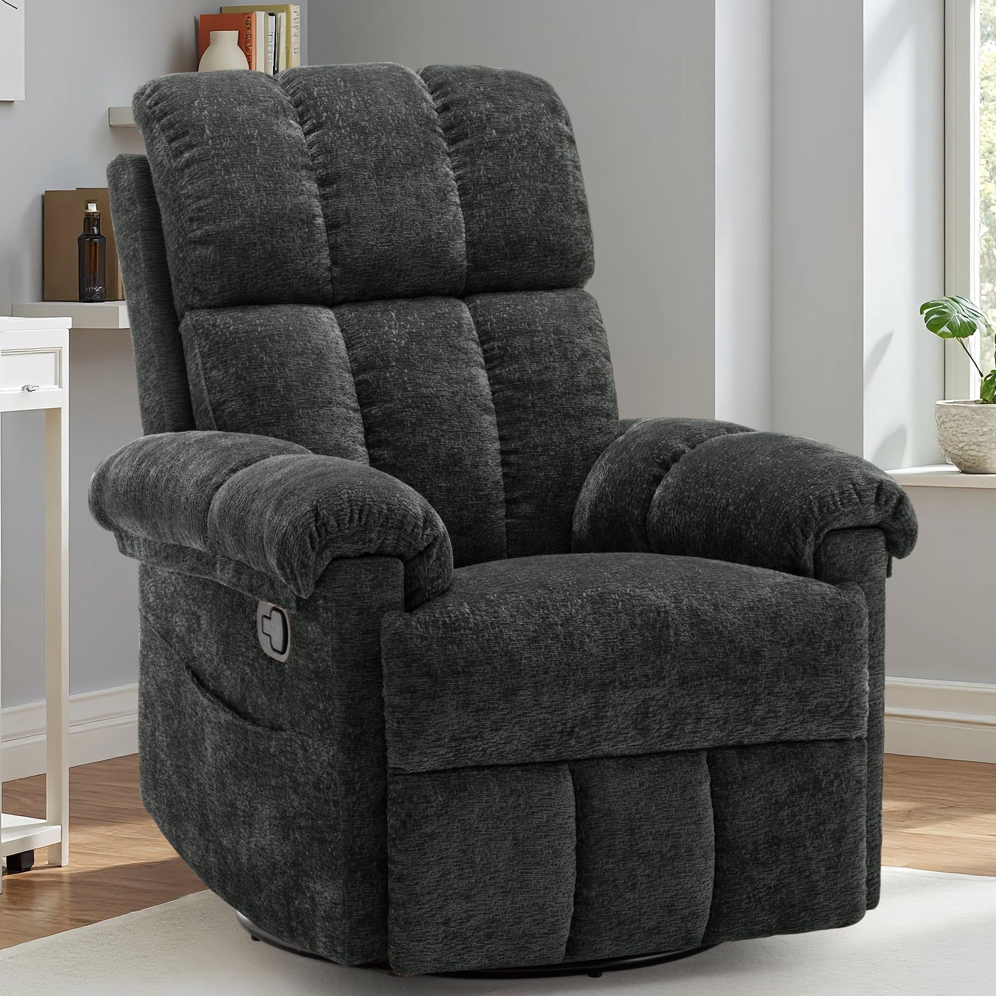 Korser Recliner Chair, Swivel Rocker Recliner Chair for Adults, Small Recliners for Small Spaces, Upholstered Manual Recliner with Side Pockets, Nursery Rocking Chair for Living Room, Chenille, Beige