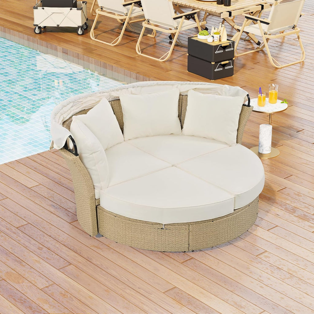 WILLIAMSPACE Round Outdoor Daybed Patio Sunbed with Retractable Canopy, Convertible Wicker Rattan Double Daybed Sofa with Waterproof Cushions & Pillows for Garden Backyard Porch (Beige)