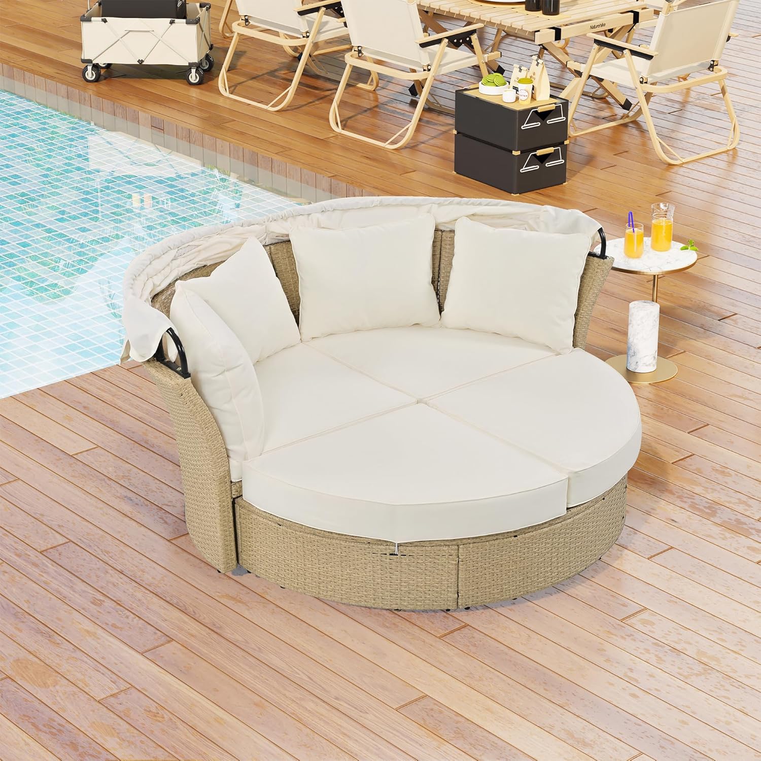 WILLIAMSPACE Round Outdoor Daybed Patio Sunbed with Retractable Canopy, Convertible Wicker Rattan Double Daybed Sofa with Waterproof Cushions & Pillows for Garden Backyard Porch (Beige)