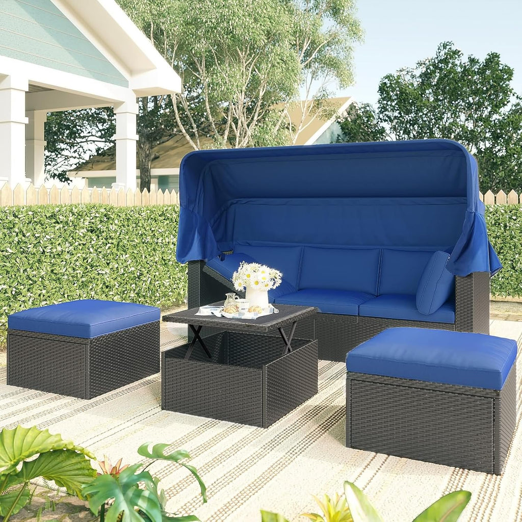 4 Pieces Outdoor Patio Daybed with Canopy, Patio Furniture for Men Blue Rattan with Washable Cushions