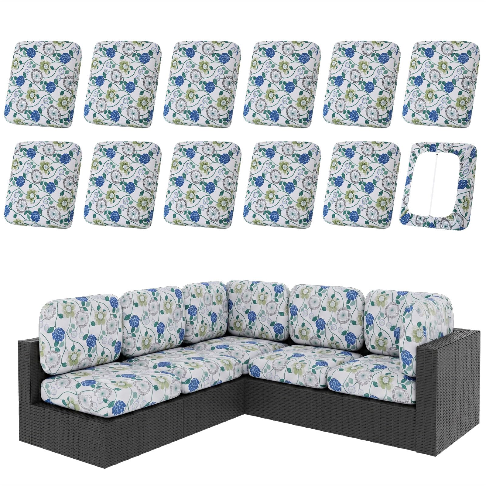 hyha 8Pcs Patio Cushion Covers, Stretch Outdoor Couch Cushion Covers Replacement, Washable Outdoor Chair/Sofa Slipcovers for Patio Furniture Cushions Protector with Elastic Bottom(Floral,Cover Only)
