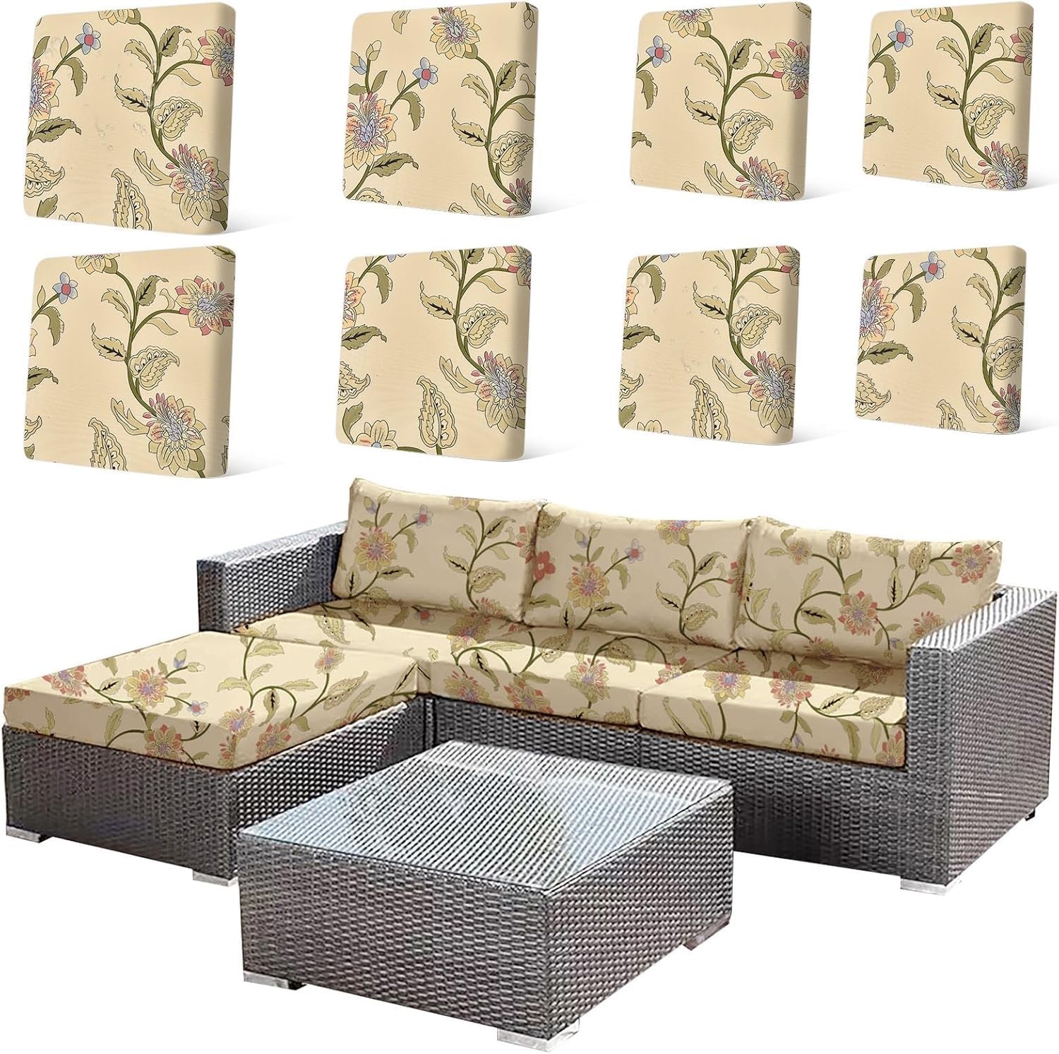 8Pcs Patio Cushion Covers, Stretch Outdoor Couch Cover, Replacement Cushions for Outdoor Furniture, Waterproof Removable, Suitable for Terrace, Garden(B:Spring Floral)