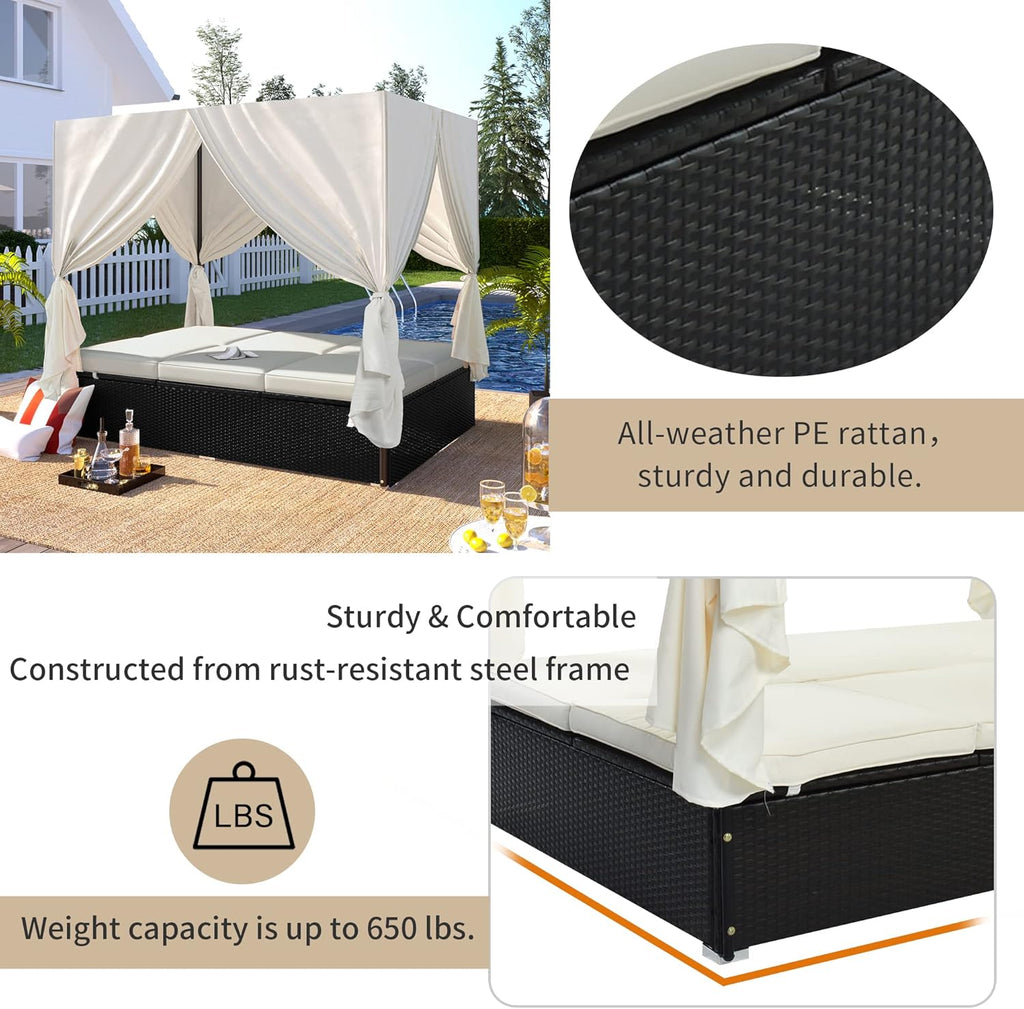 VilroCaz Outdoor Rattan Daybed Patio Wicker Sunbed with Canopy/Overhead Curtains/Cushions, Wicker Patio Sofa Set with Adjustable Seats for Lawn Garden Backyard Poolside (Beige Cushions)