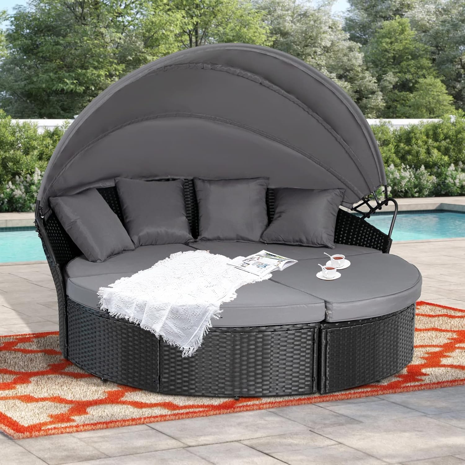 SUNCROWN Outdoor Patio Round Daybed with Retractable Canopy, Wicker Furniture Clamshell Sectional Seating with Washable Cushions, Backyard,Porch,Poolside,Deck, Black