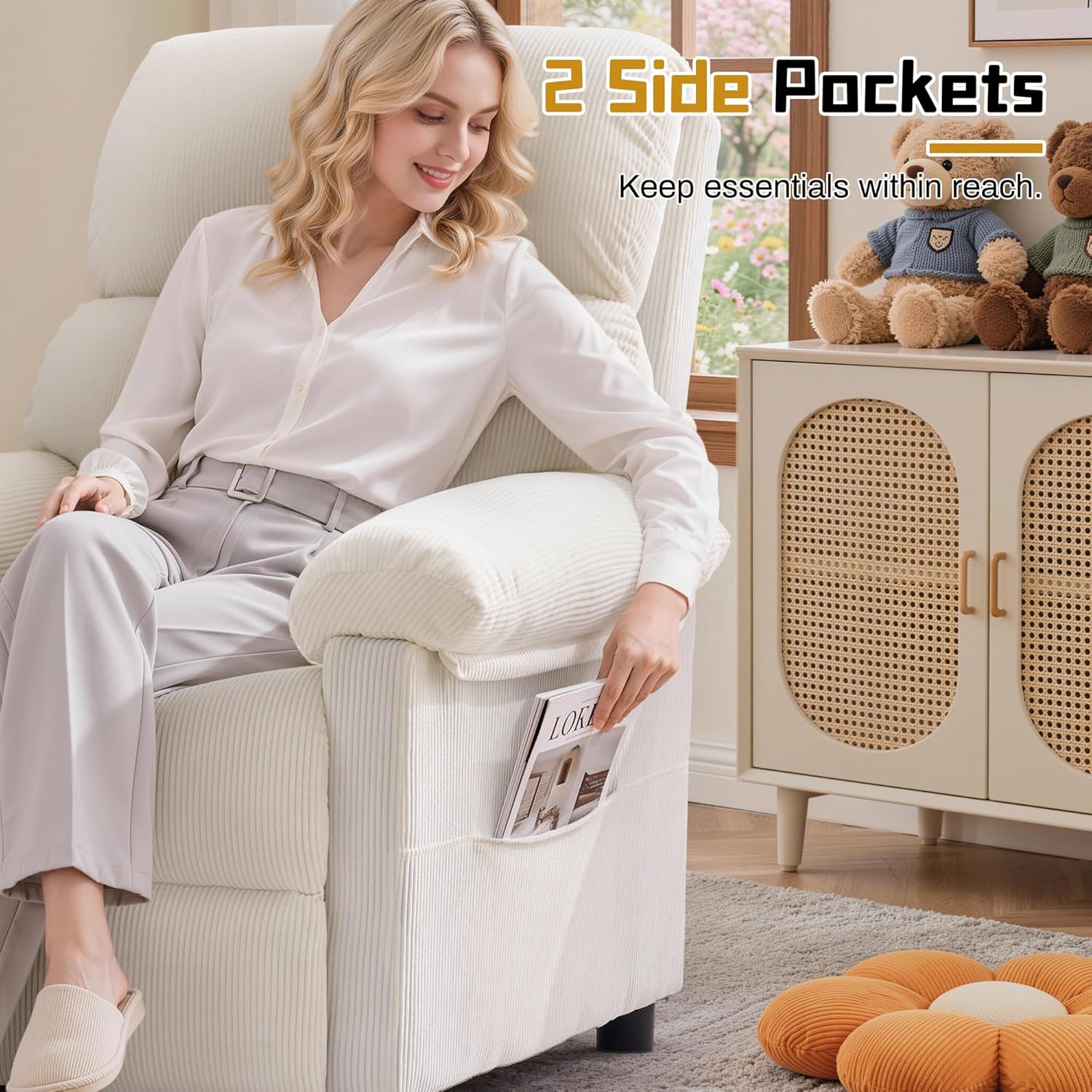 Korser Recliner Chair, Living Room Recliner Chairs for Adults, Small Recliners for Small Spaces, Upholstered Manual Reading Chair with Side Pockets, Nursery Chair for Living Room, Corduroy, Beige
