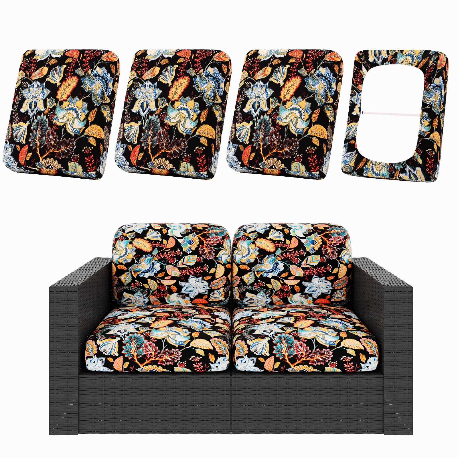 hyha 8Pcs Patio Cushion Covers, Stretch Outdoor Couch Cushion Covers Replacement, Washable Outdoor Chair/Sofa Slipcovers for Patio Furniture Cushions Protector with Elastic Bottom(Floral,Cover Only)