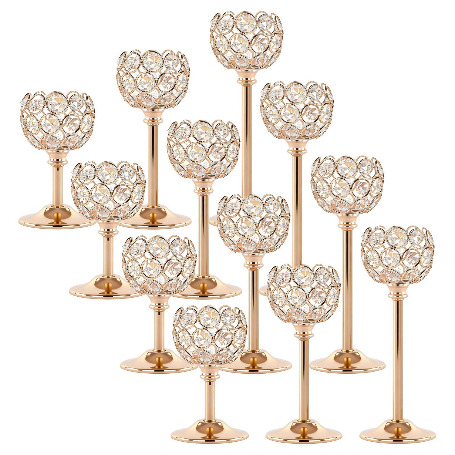 Gold Crystal Tealight Candle Holders Set of 12 (4 Sets) - Tall Bling Bowl Candelabra Centerpieces for Dining Table, Wedding, Party & Fireplace Mantel Decor