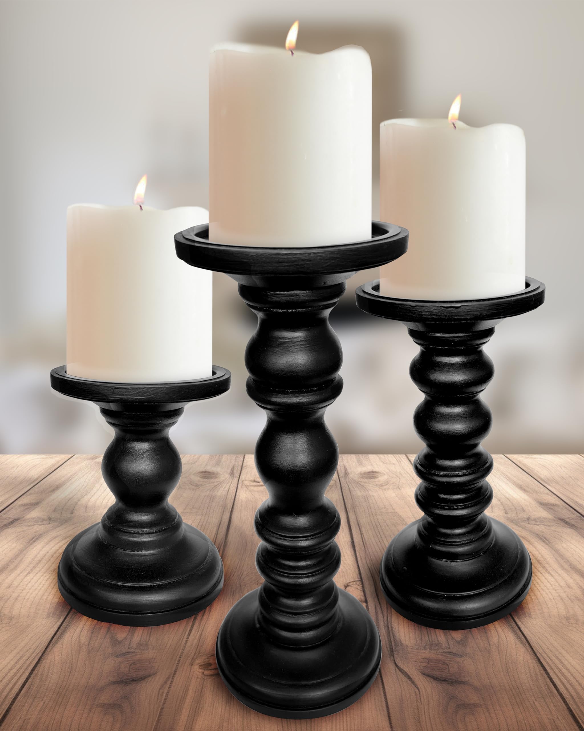 Large Candle Holders for Pillar Candles (3 Piece Set) Tall Rustic Wood Farmhouse Pillar Candlestick Stands - Fits 4 inch inch Wide Pillar Candles - Modern Candle Holder Decor (Antique White)