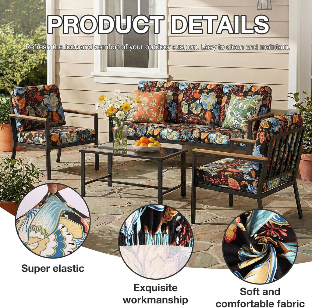 hyha 8Pcs Patio Cushion Covers, Stretch Outdoor Couch Cushion Covers Replacement, Washable Outdoor Chair/Sofa Slipcovers for Patio Furniture Cushions Protector with Elastic Bottom(Floral,Cover Only)