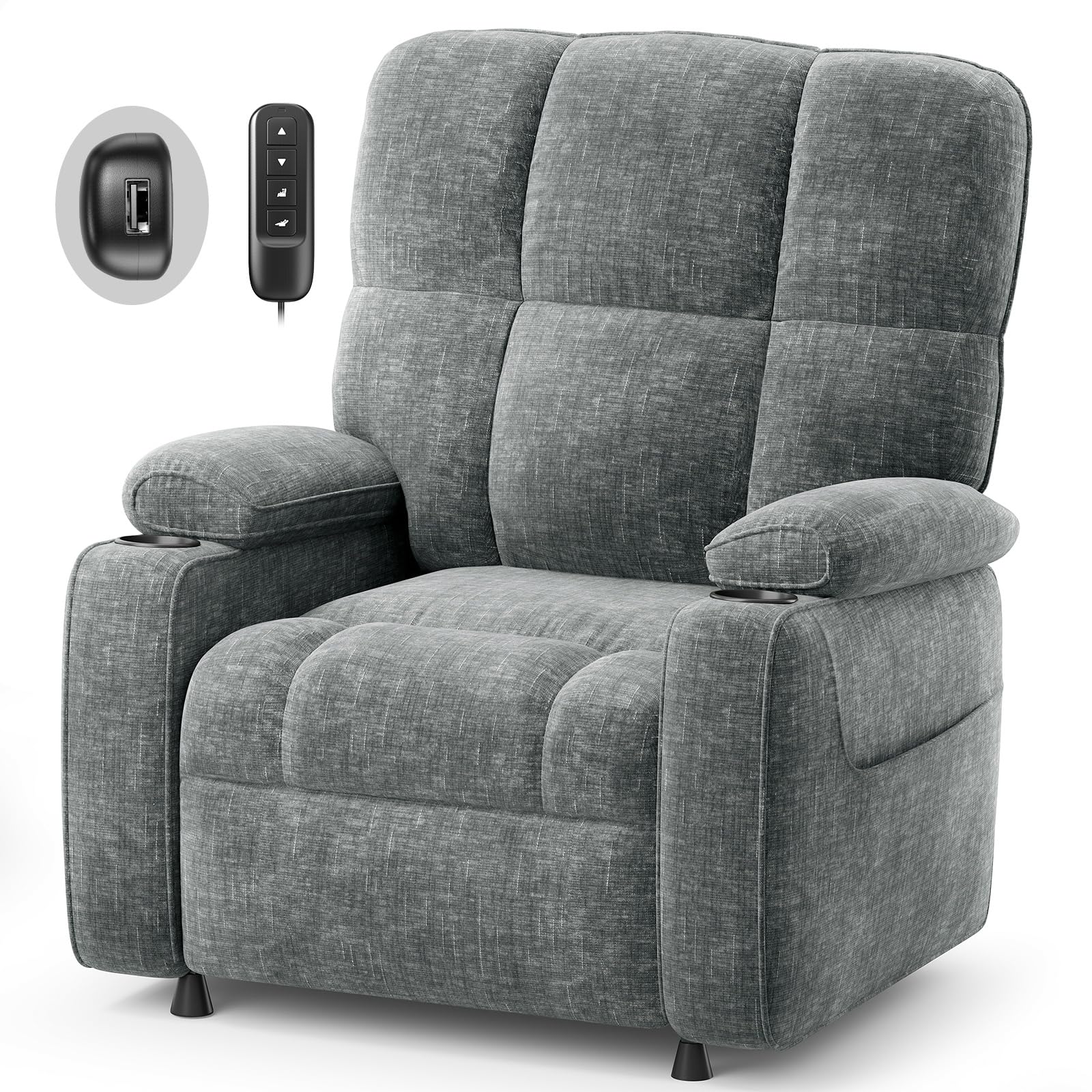 AMADA HOMEFURNISHING Power Recliner Chair for Adults, One-Touch Synchronized Electric Recliner with USB Ports, Cup Holder & Side Pockets, Thick Seat Cushion, Chenille, Living Room & Bedroom