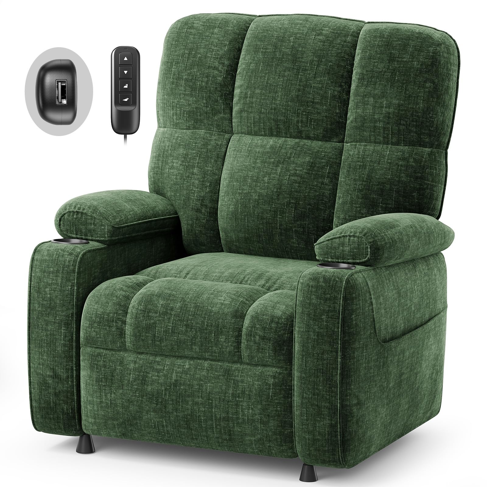 AMADA HOMEFURNISHING Power Recliner Chair for Adults, One-Touch Synchronized Electric Recliner with USB Ports, Cup Holder & Side Pockets, Thick Seat Cushion, Chenille, Living Room & Bedroom