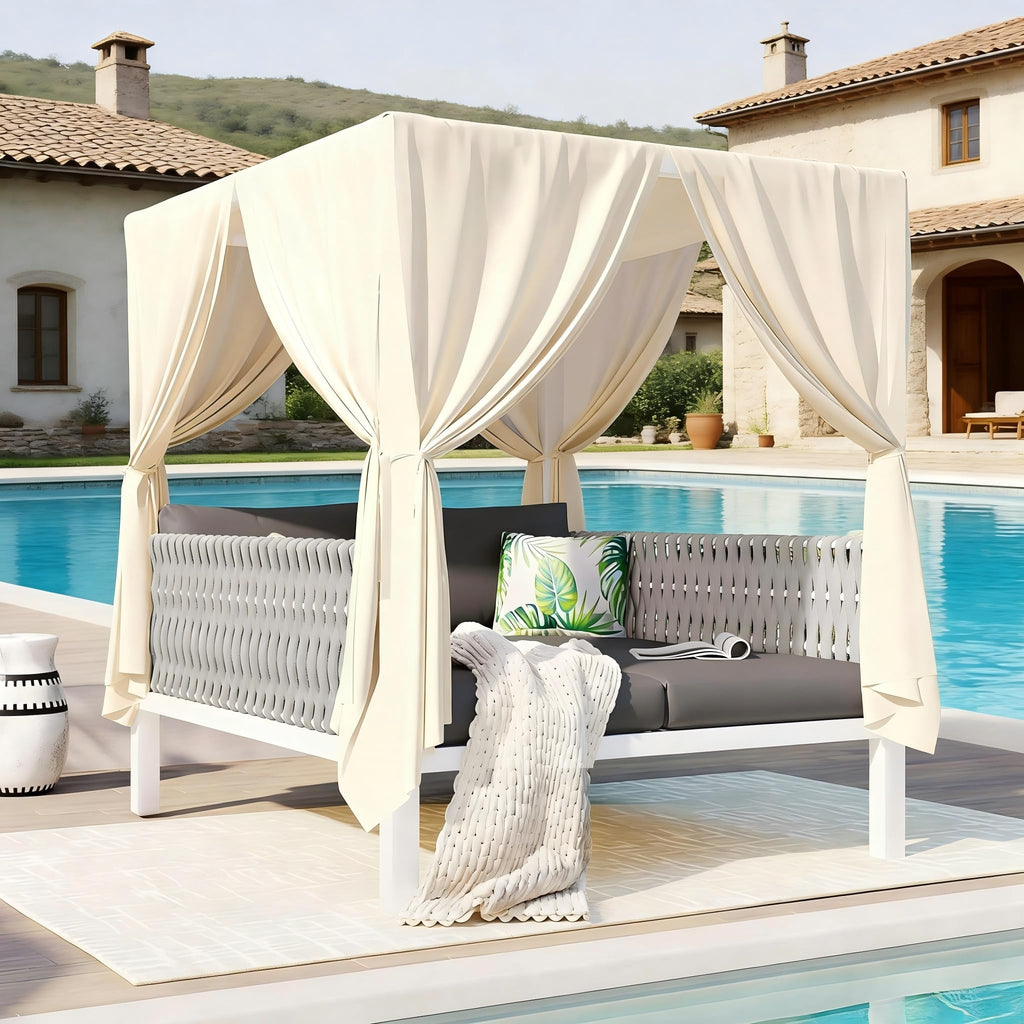 Patio Furniture Outdoor Round Daybed Bed Daybeds with Retractable Canopy, Storable Table, 3 Pillows PatioBed Sun Porch Wicker Rattan Separated Seating Sectional Sofa for Garden Poolside Dark Gray