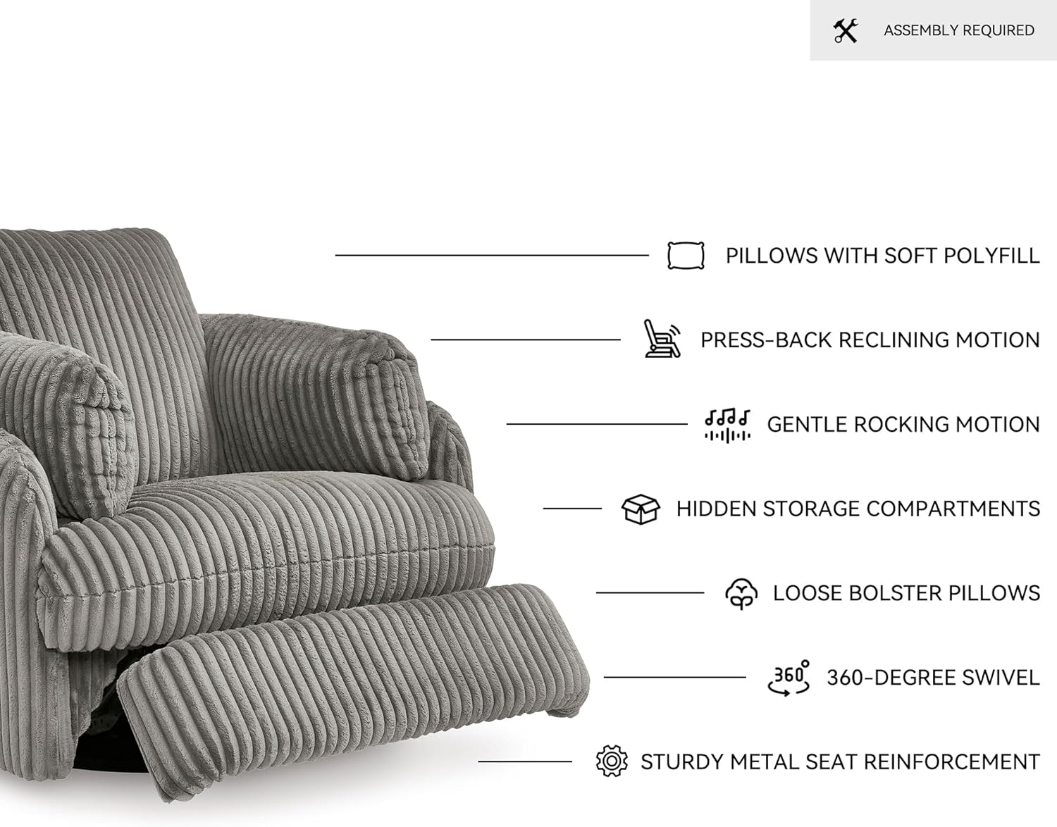 Signature Design by Ashley Tie-Breaker Swivel Glider Recliner, 2 Bolster Pillows, Hidden Storage, Fabric Upholstery, 41.38" W x 40.25" D x 39.75" H, Light Gray