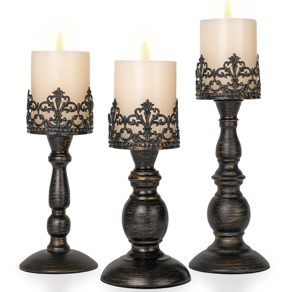 BANOMII Vintage Pillar Candle Holders for Table Centerpiece Set of 3-11'' 9'' 8'' - Matte Black Metal Candle Stands Decorative - Candle Centerpiece for Table Fireplace Decor - Gothic Candle Holder
