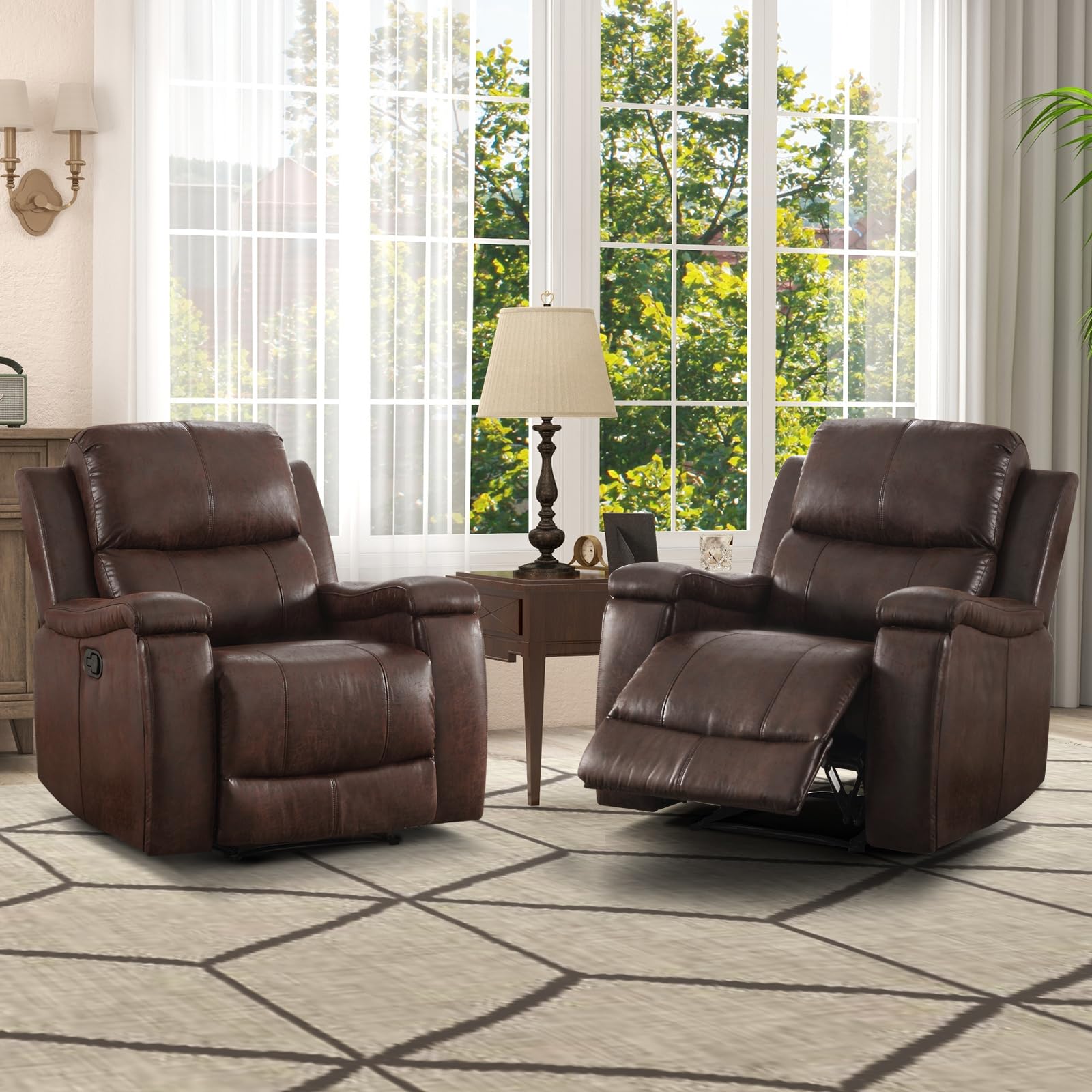 CANMOV Leather Recliner Chair, Classic and Traditional Manual Recliner Chair with Overstuffed Arms and Back, Manual Single Sofa with Concealed Cup Holders,Nut Brown