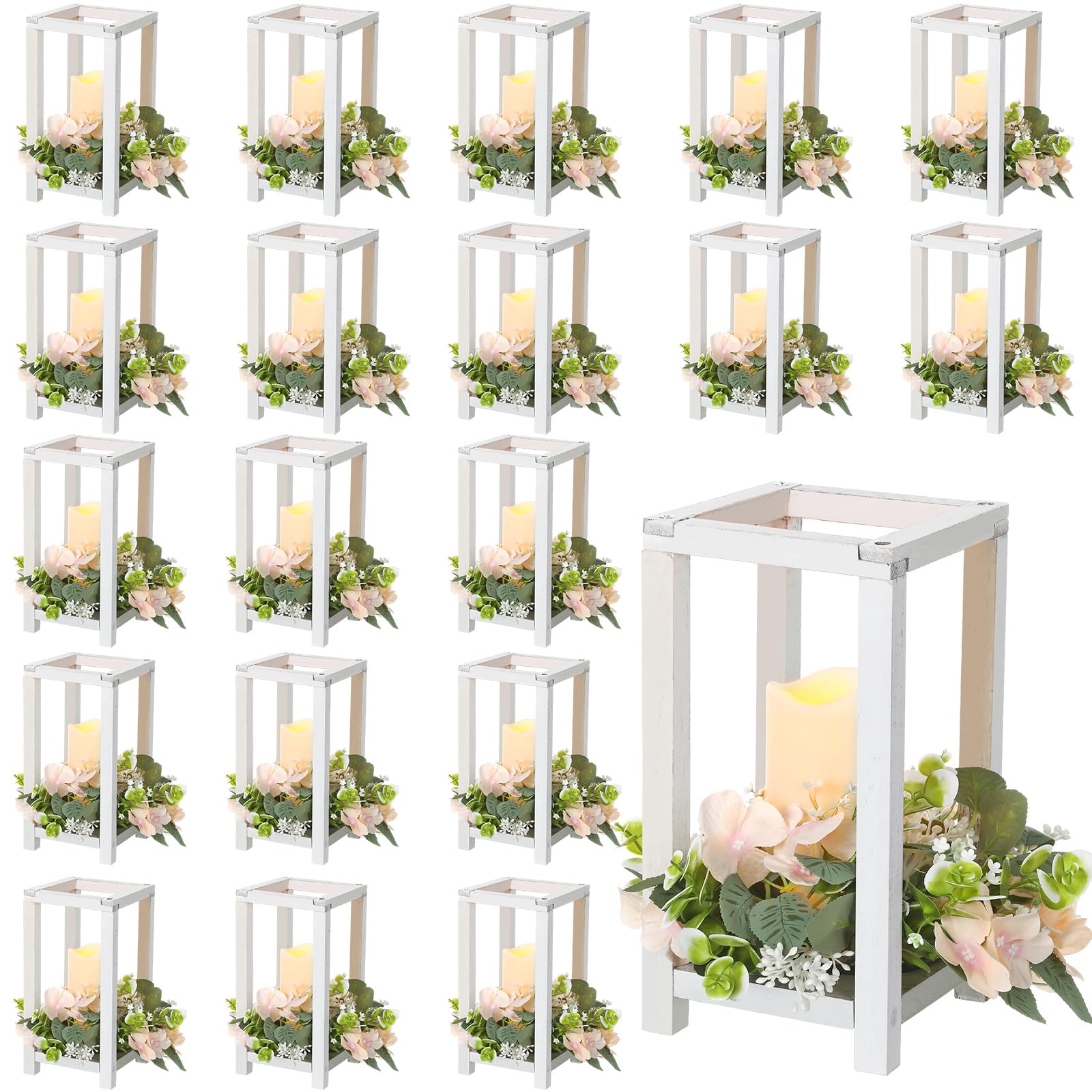 Hushee 30 Pcs Wooden Wedding Lantern Centerpiece Integrated Holders with Candles and Wreaths Rustic Wooden Candle Lantern Decor for Wedding Party Table Valentine Decor (Brown)
